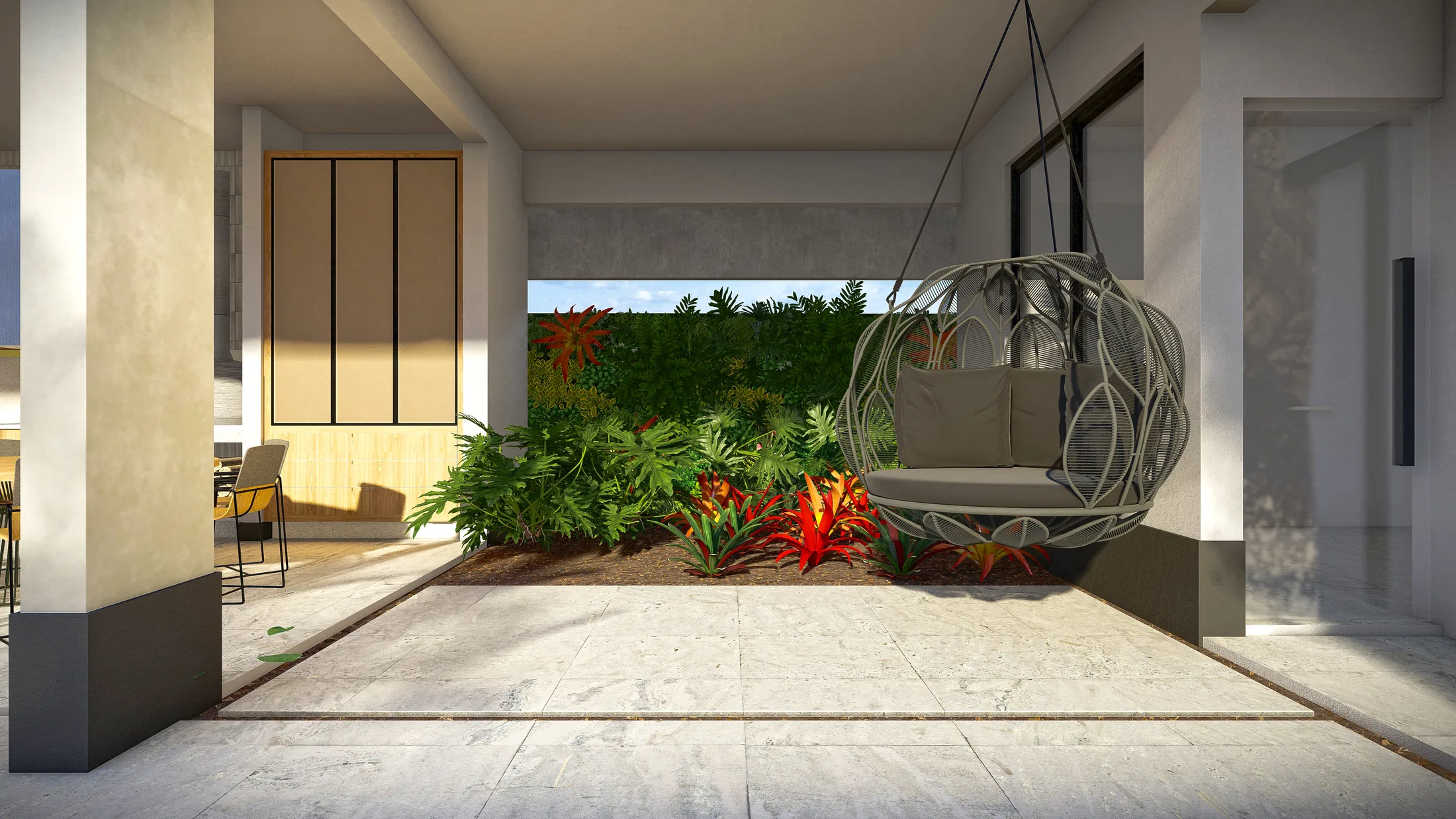 Porch with a hanging wicker chair facing a flowering bed and hedge, beside a slatted wood door