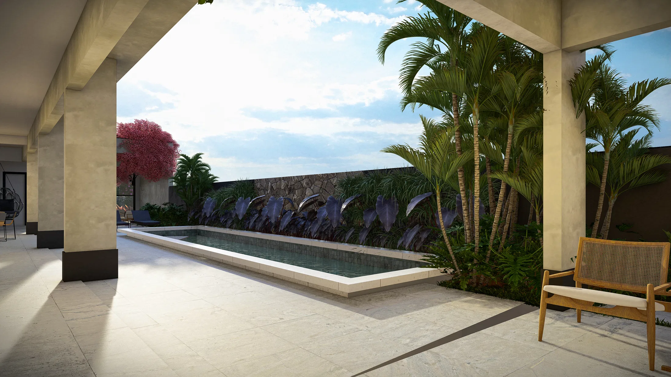 Elongated pool area framed by a stone wall, palm trees and a bed of purple-leaved foliage, with a wicker armchair alongside