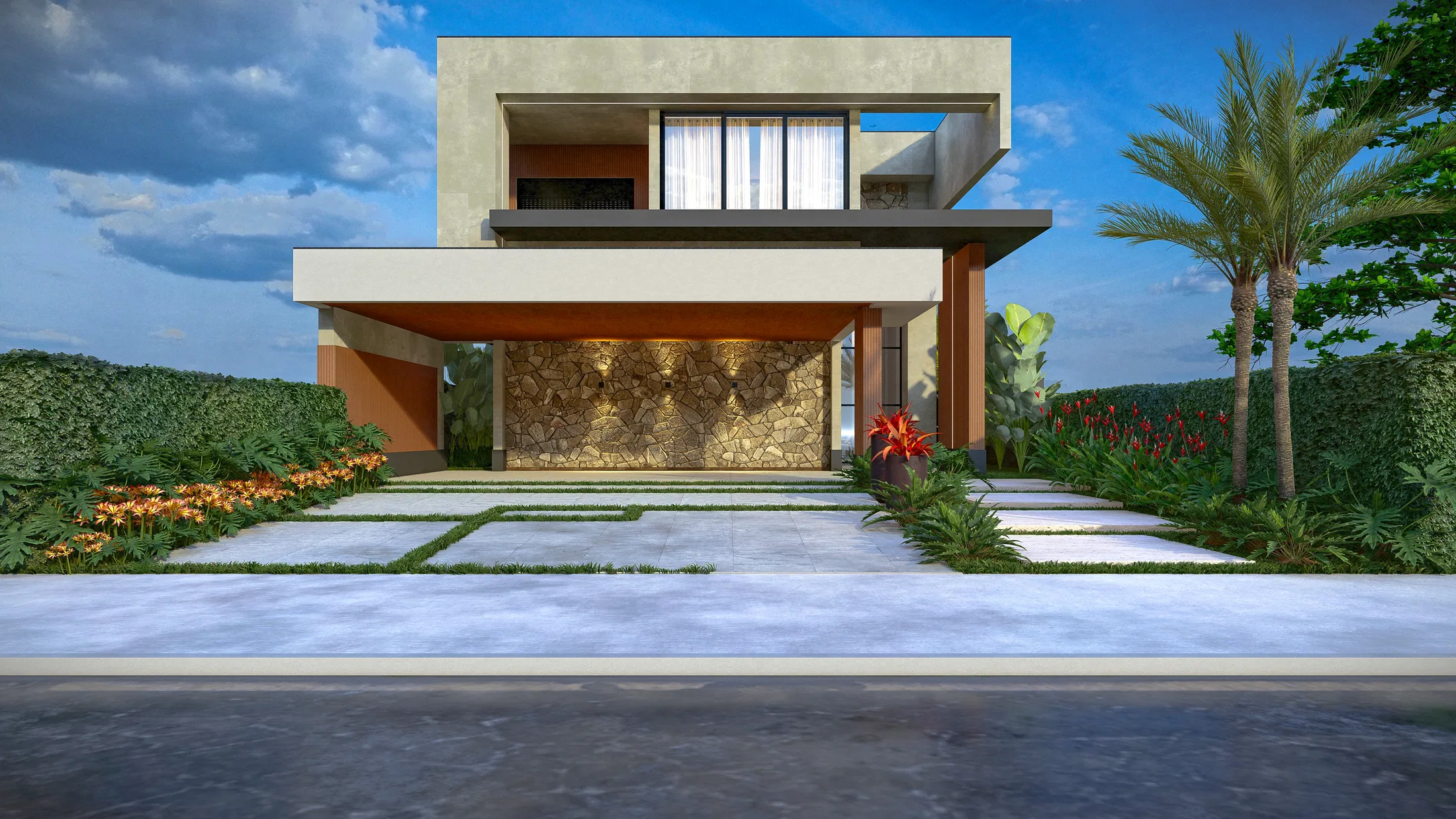 House facade with a lit natural stone panel, an upper balcony and flowering beds along the entrance