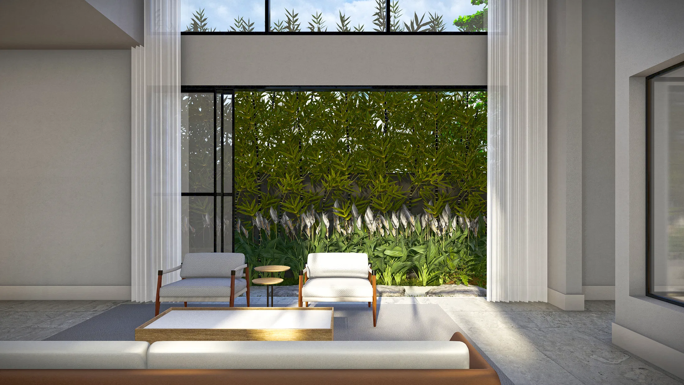 Living room opened by large glazing to a dense outdoor garden, with light-colored armchairs facing the greenery