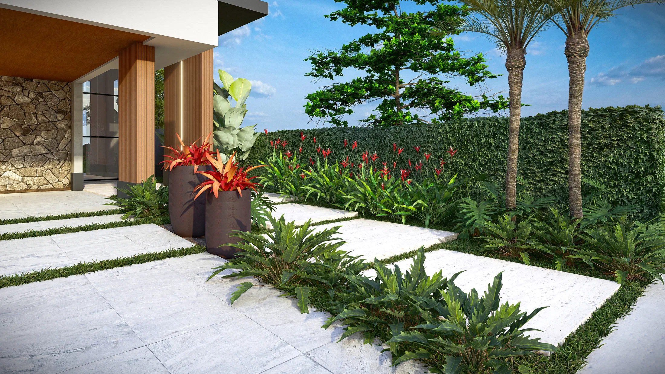 Stone-paved path to the entrance, with dark bromeliad planters and a flowering bed beside the hedge and palm trees