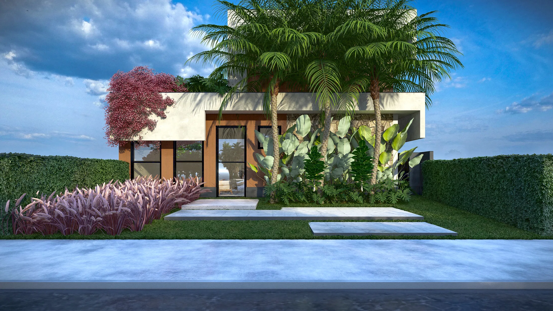 Nighttime facade with a pink-flowering tree, an ornamental grass bed and a concrete-slab path to the door