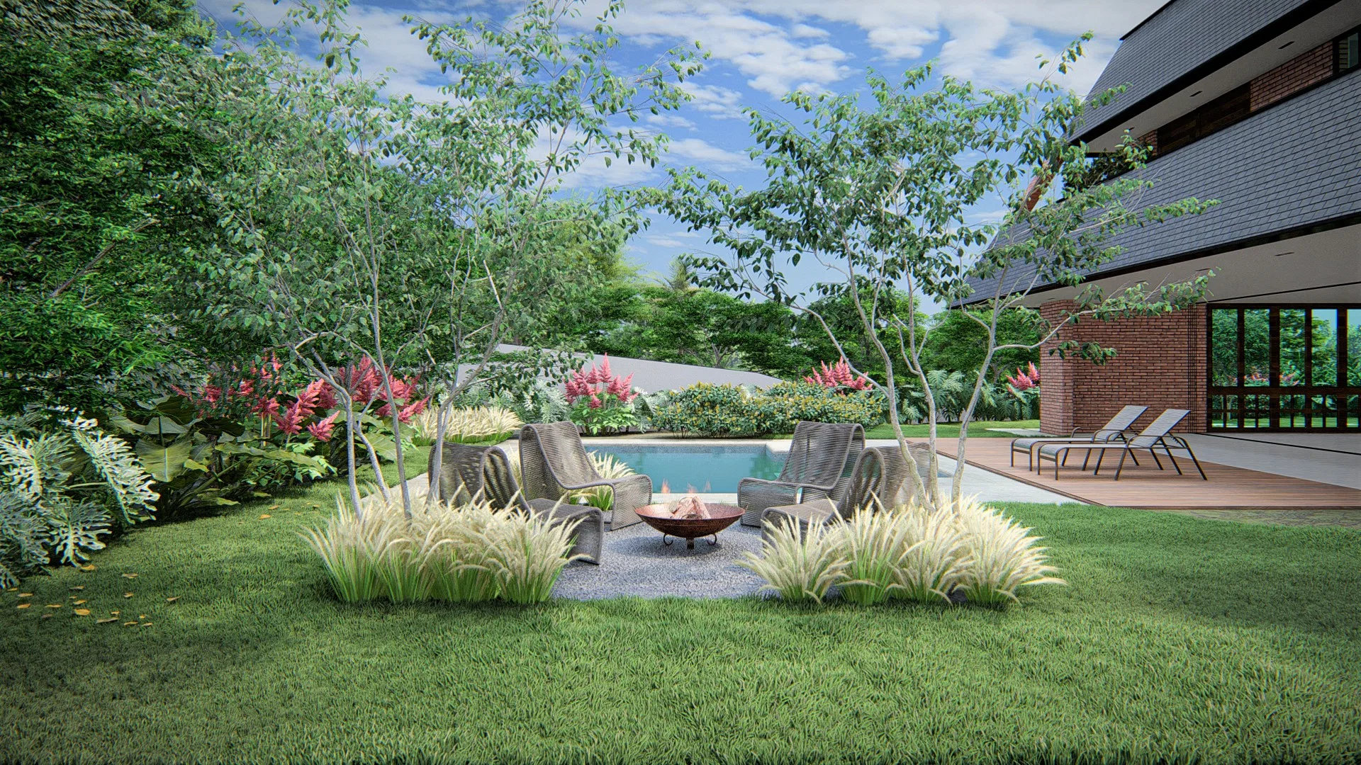 Backyard seating area with armchairs around a fire pit, a pool alongside and flowering beds among trees, with the brick house in the background