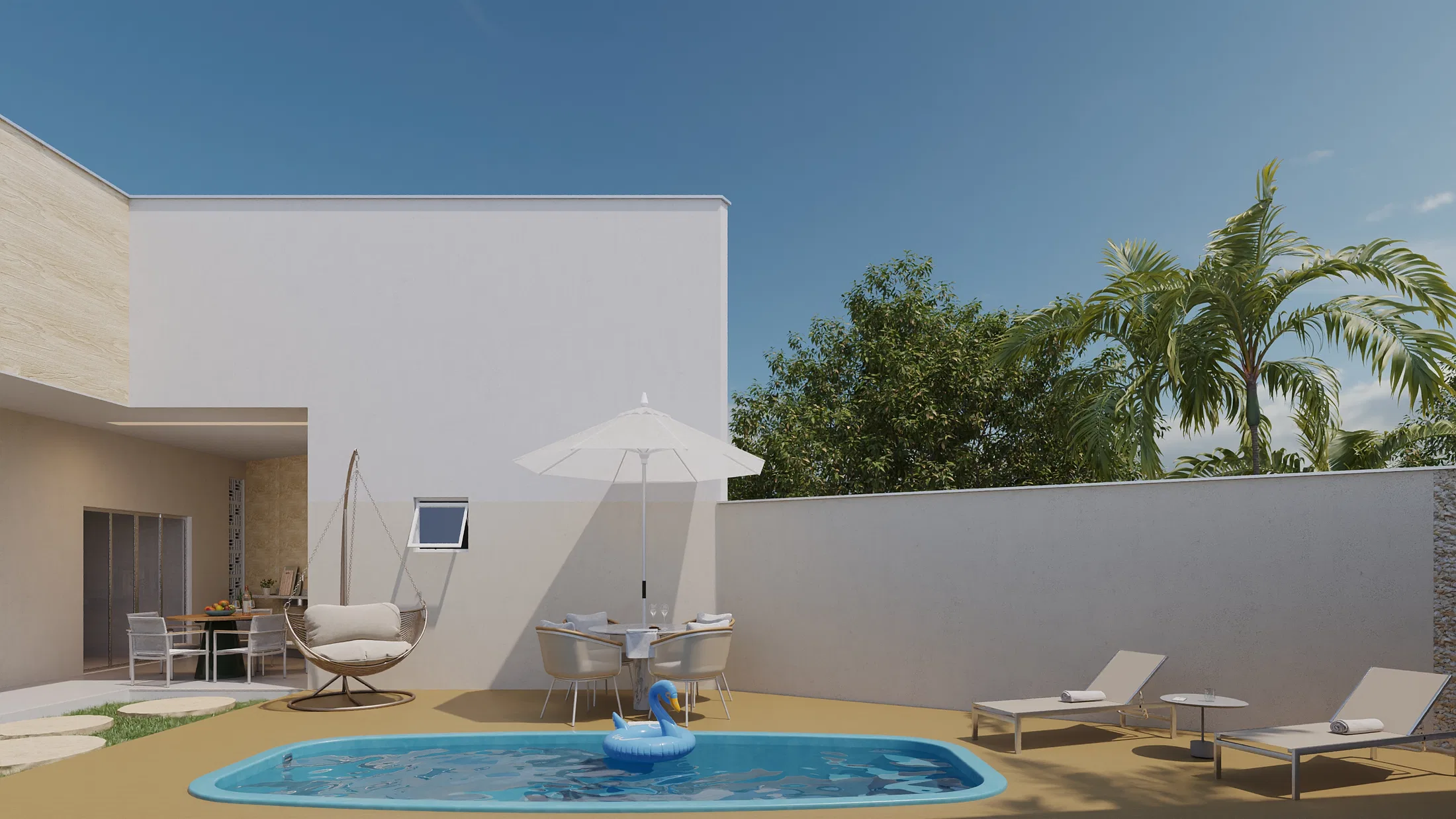 Side facade of the house with the pool, a white umbrella and tall greenery framing the backyard wall
