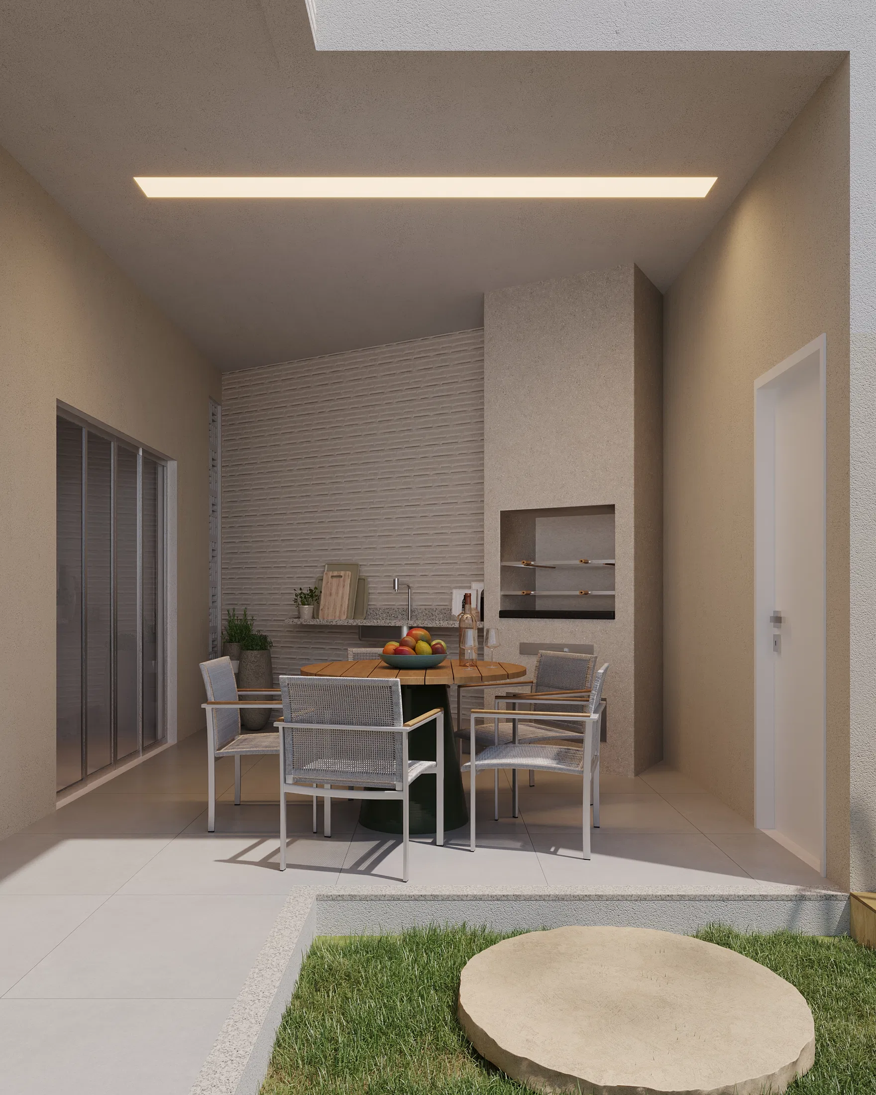Covered outdoor kitchen with a round wood table, synthetic-fiber chairs, a built-in grill and linear cove lighting