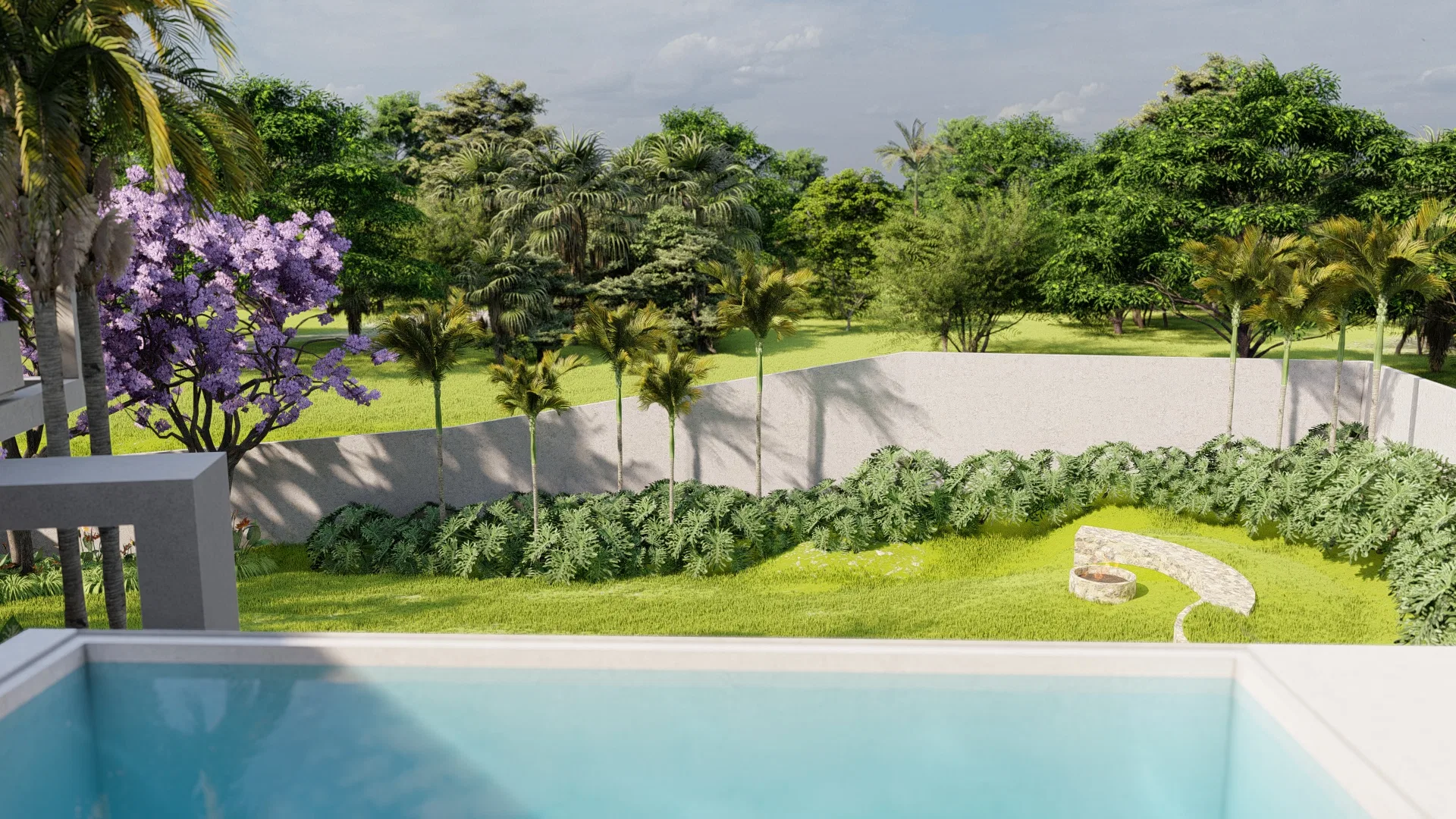Architectural visualization of Residence with Circular Fire-Pit Bench, Yellow Ipê and Cascading Succulents — GRON 3D