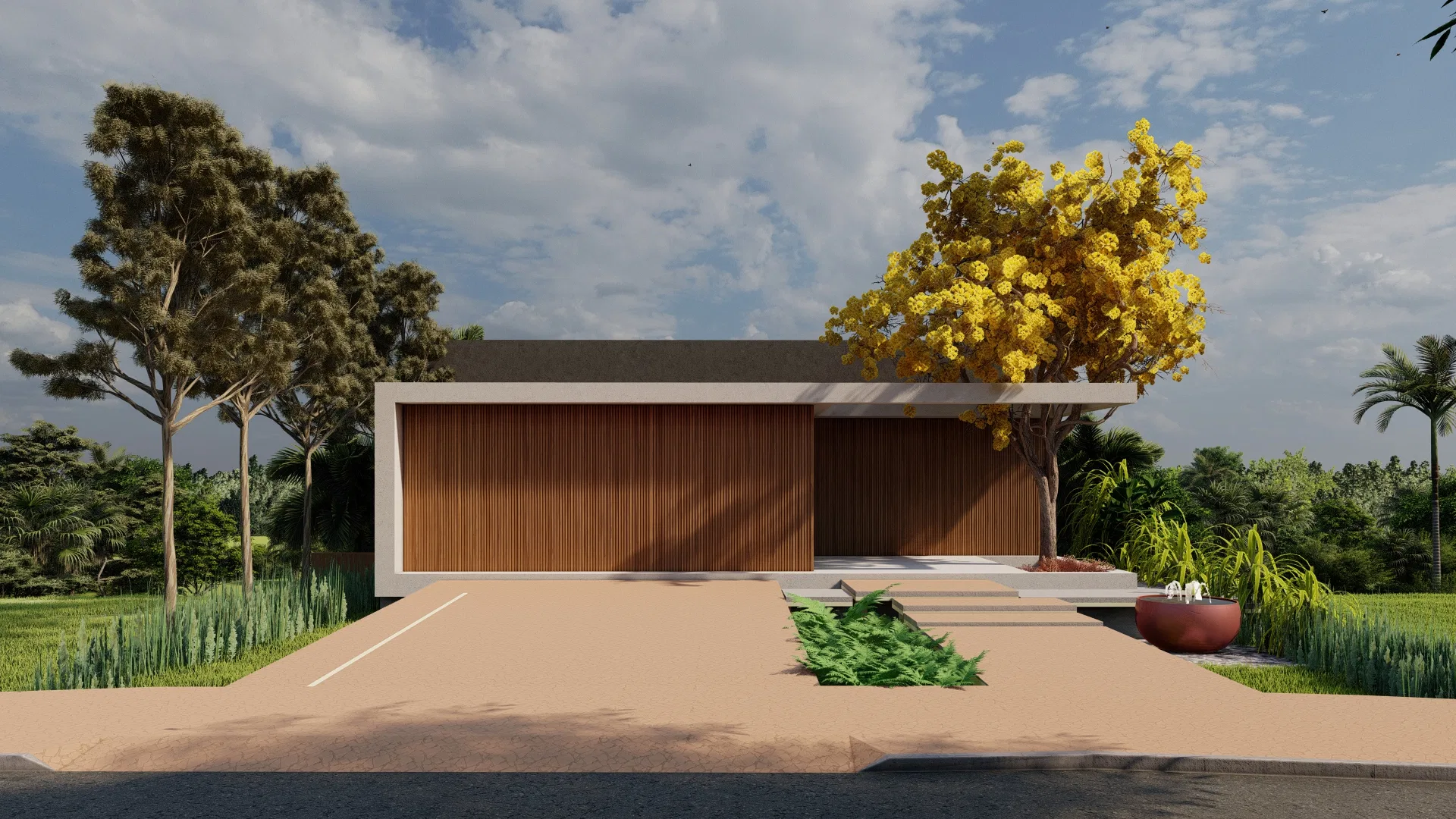 Architectural visualization of Residence with Circular Fire-Pit Bench, Yellow Ipê and Cascading Succulents — GRON 3D