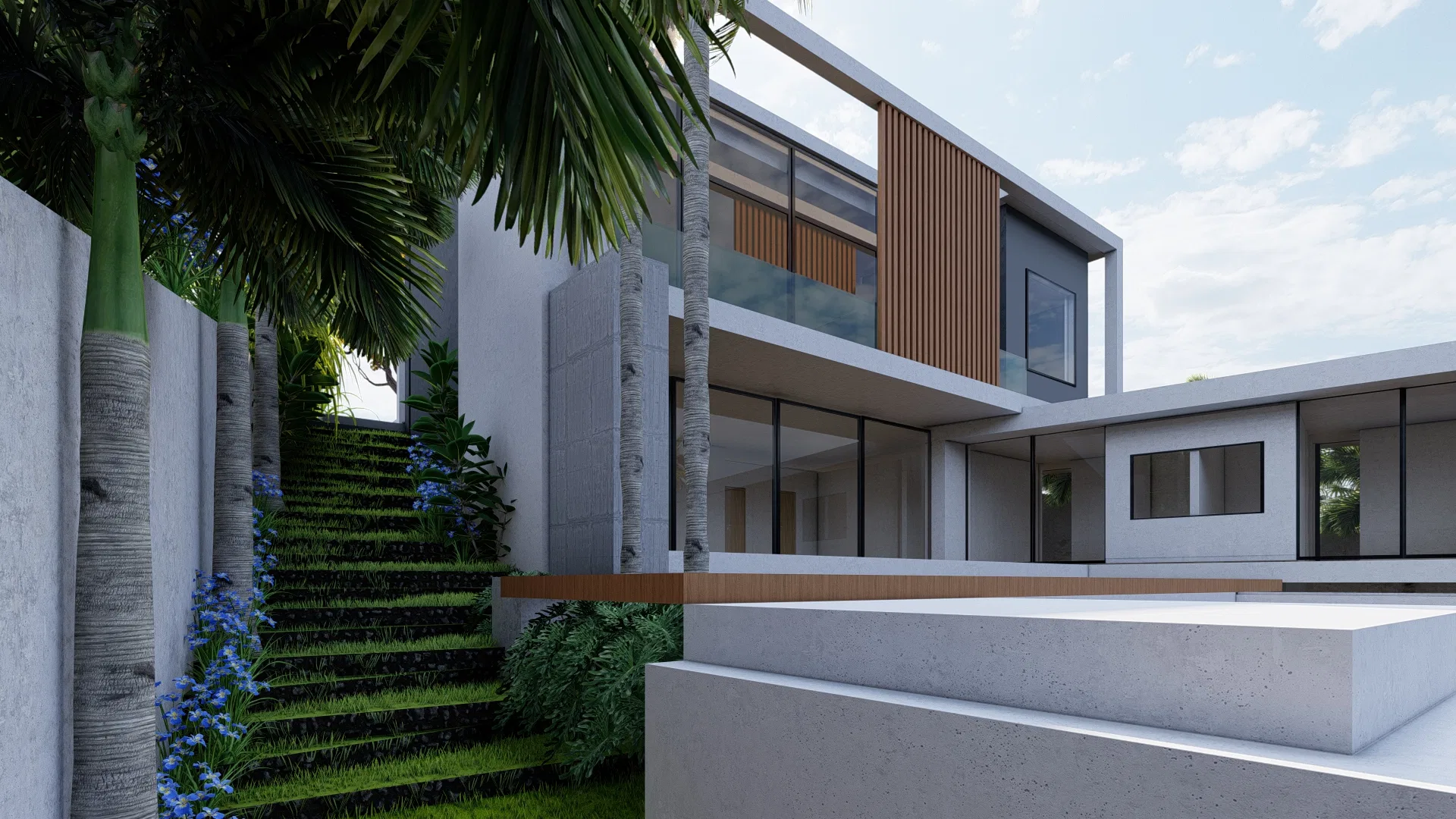 Architectural visualization of Residence with Circular Fire-Pit Bench, Yellow Ipê and Cascading Succulents — GRON 3D