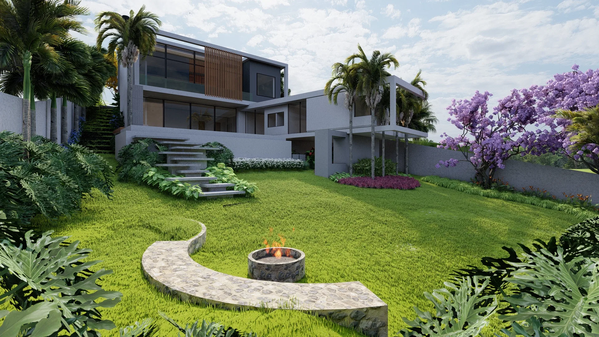 Architectural visualization of Residence with Circular Fire-Pit Bench, Yellow Ipê and Cascading Succulents — GRON 3D
