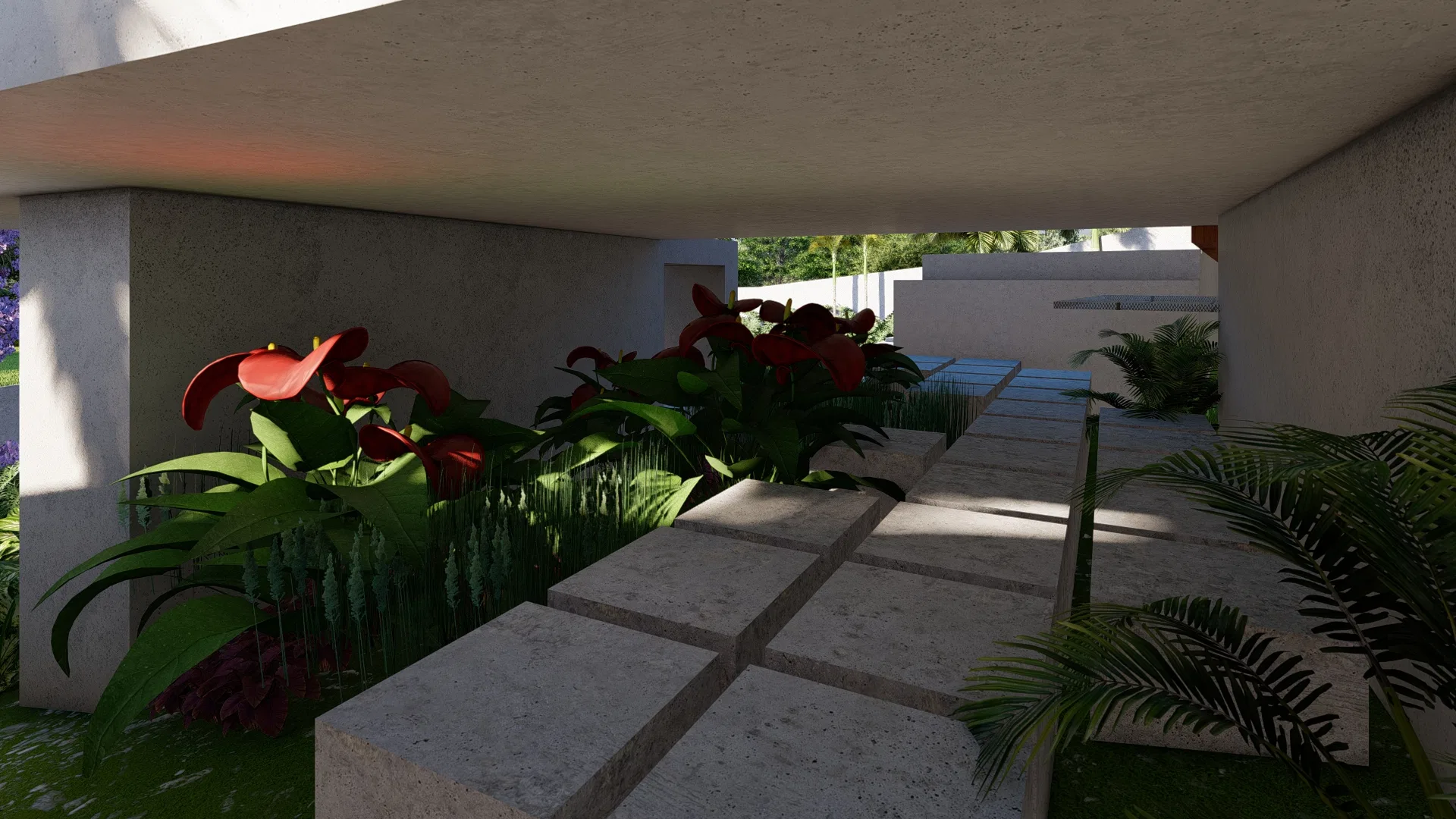Architectural visualization of Residence with Circular Fire-Pit Bench, Yellow Ipê and Cascading Succulents — GRON 3D
