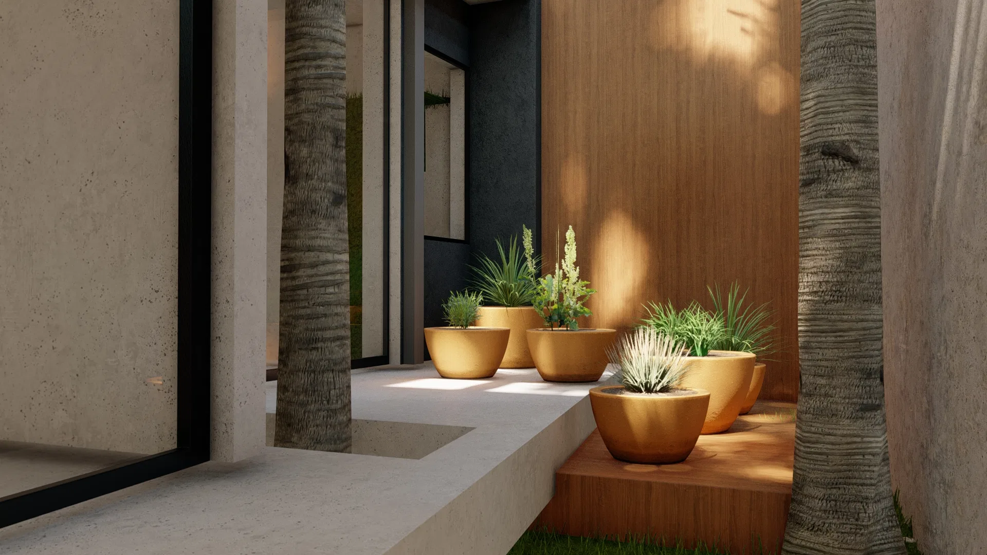 Architectural visualization of Residence with Circular Fire-Pit Bench, Yellow Ipê and Cascading Succulents — GRON 3D