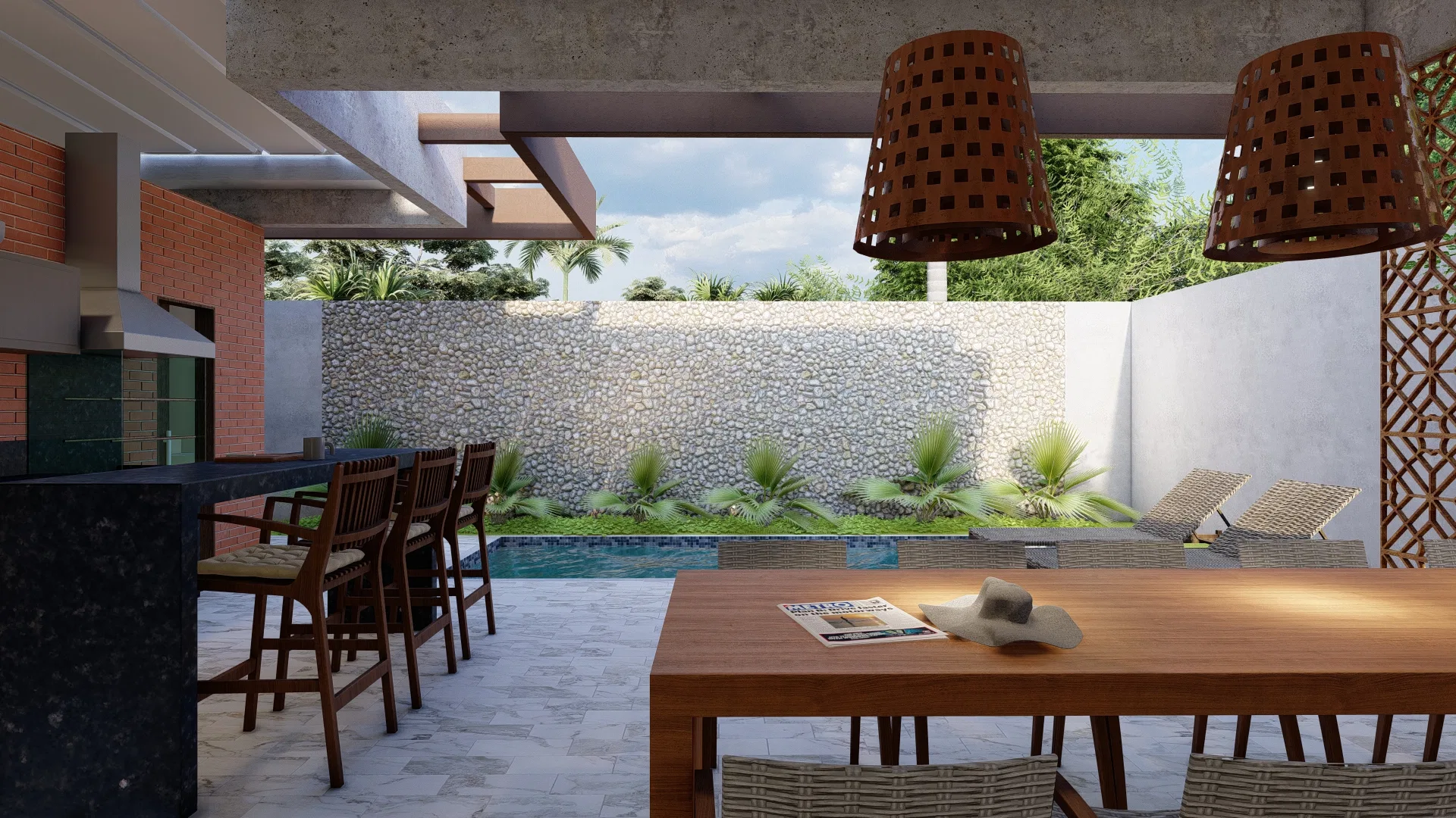 Pool area under a wood pergola, with woven-fiber pendant lights, an outdoor dining table and a stone wall with garden behind