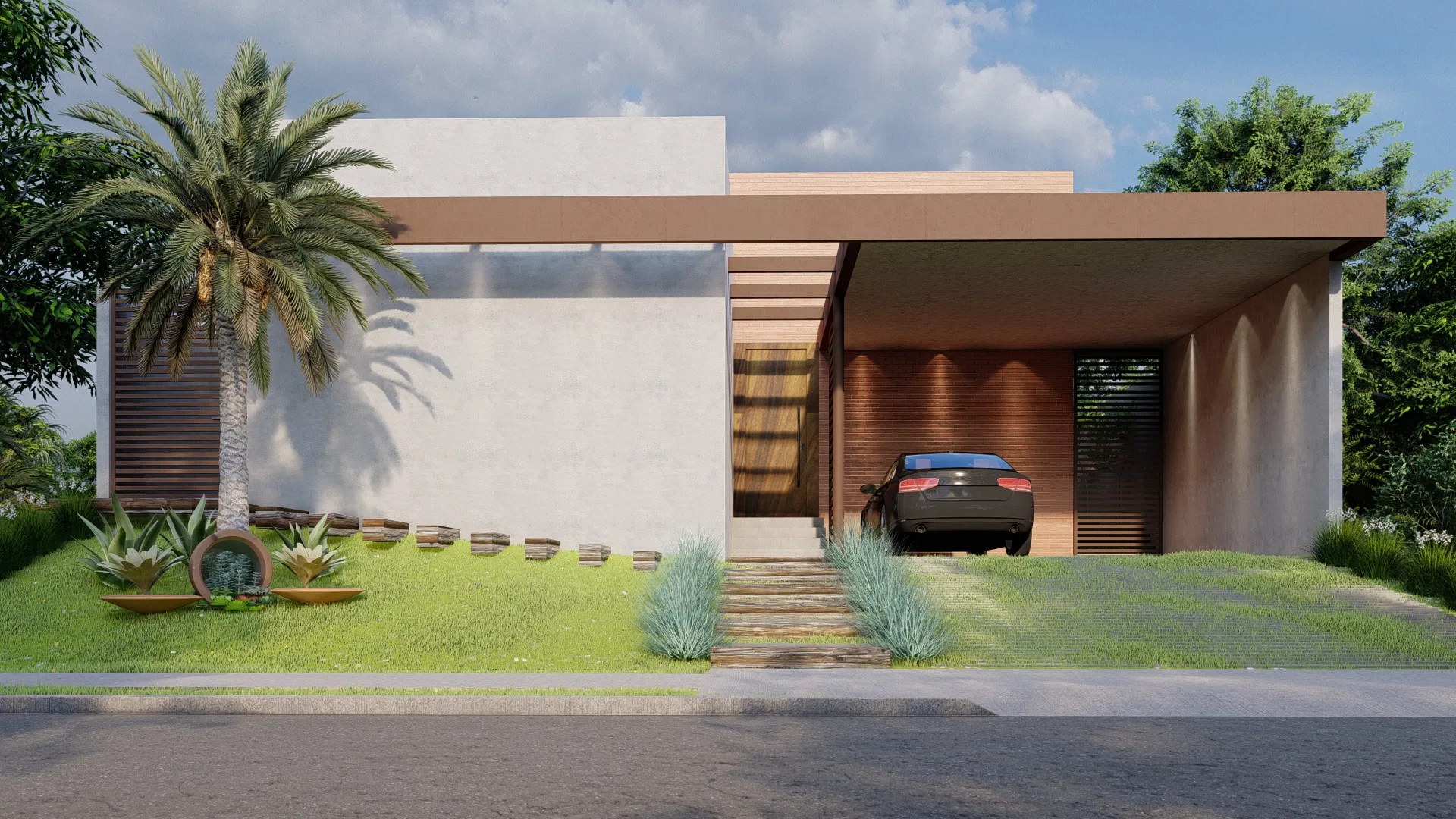 Contemporary single-story facade with cementitious cladding, vertical brise-soleil, covered carport and a palm tree beside the entrance