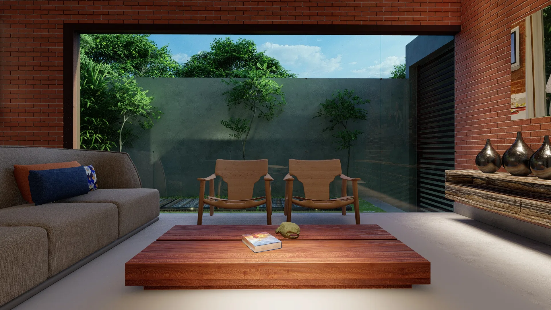 Living room with an exposed-brick wall opening onto the garden through a glazed opening, wood armchairs and a low coffee table