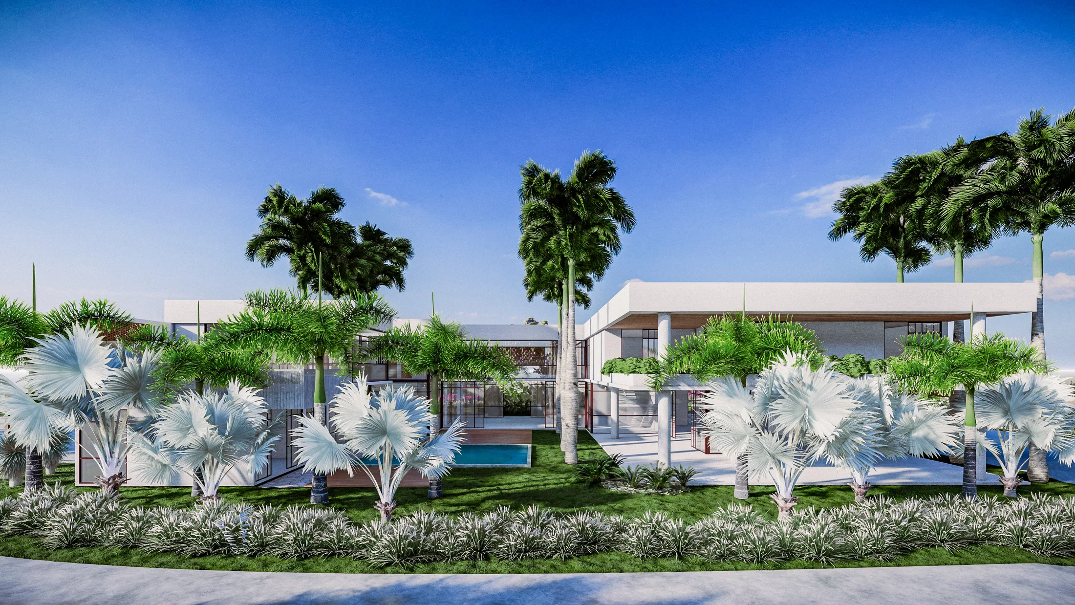 Wide dusk view of the long house, with silver-leaved fan palms and low aligned hedges in the front garden.