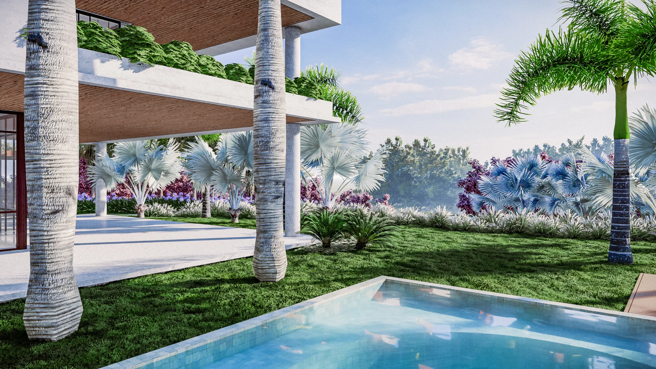 Pool in the foreground between palm trunks, with silver fans and flowering masses beneath the structure of the house.