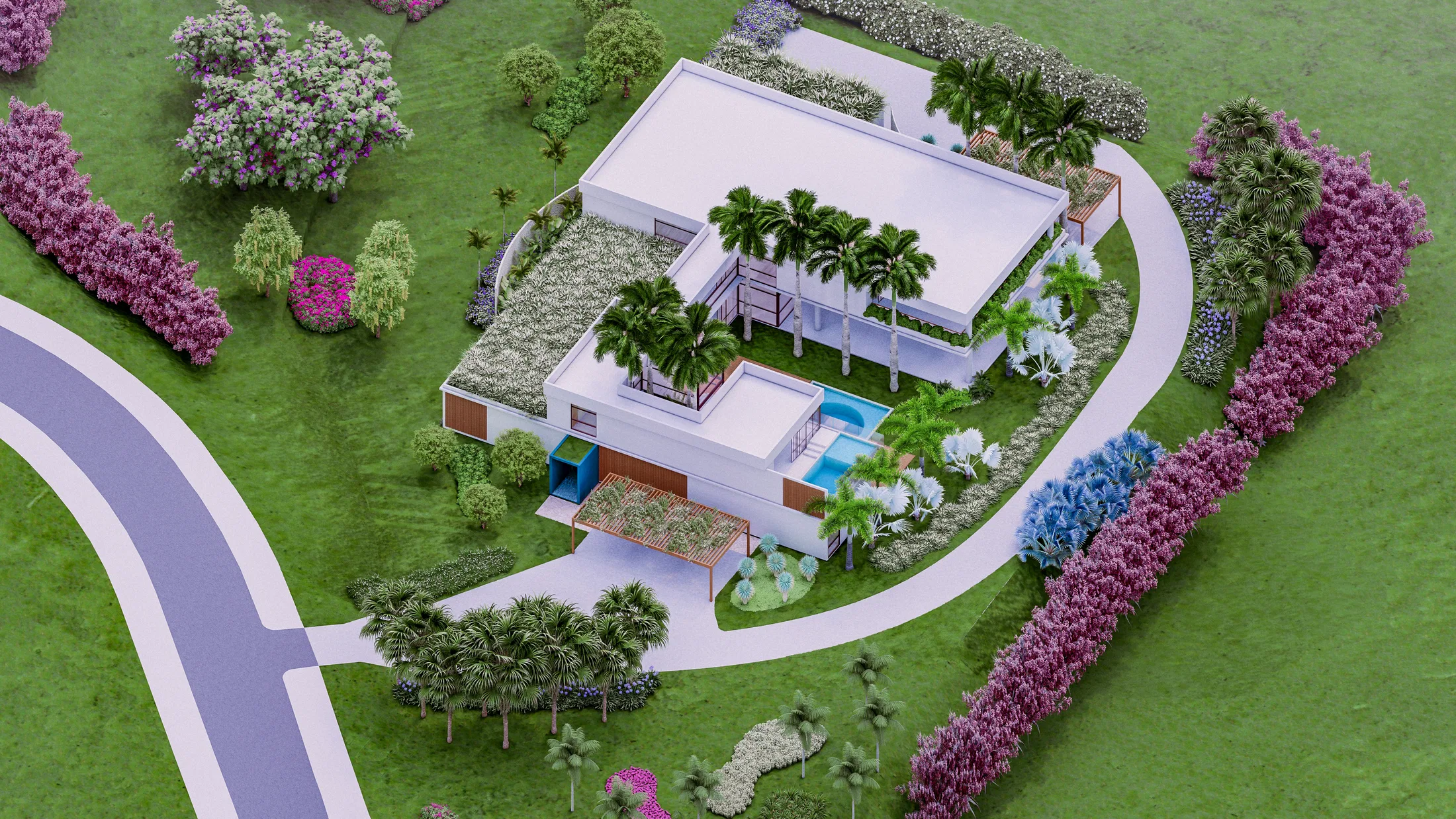 Aerial view of the plot showing the flat-roofed house, pool, curving drives and borders of colourful flowering trees.