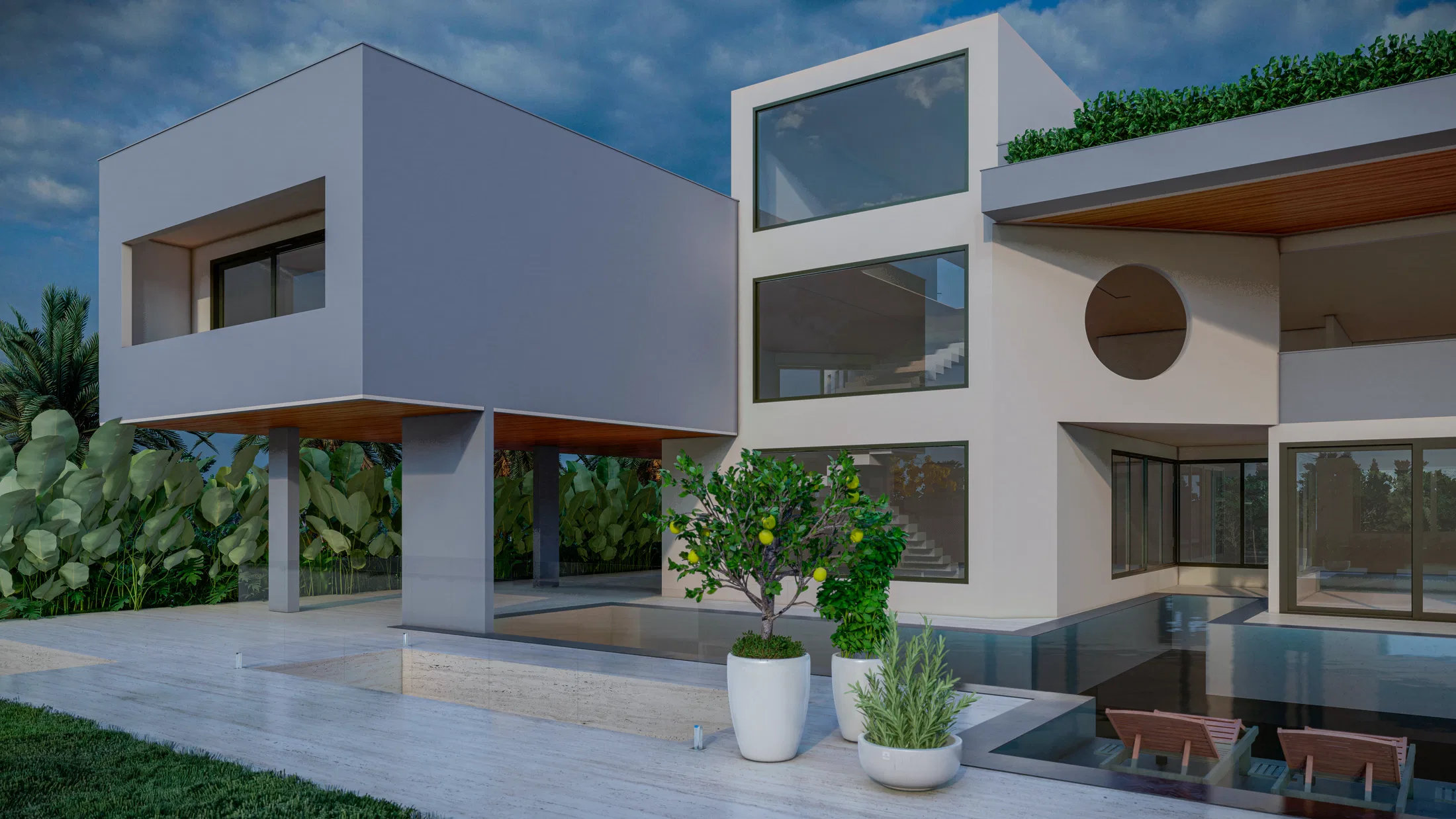 Rear view at dusk, with a cantilevered volume on pillars, potted citrus and herbs beside the pool edge.