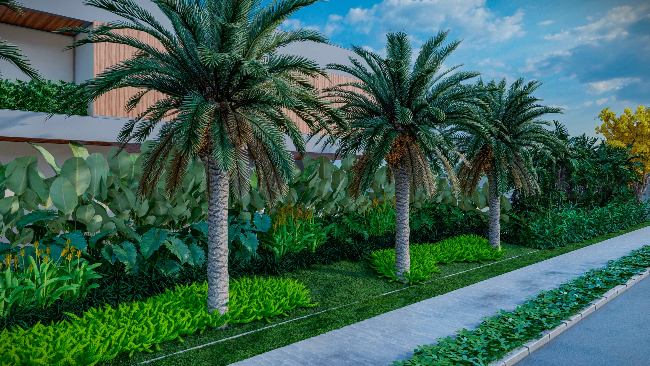 Garden strip along the sidewalk with three thick-trunked palms and a dense underplanting of tropical foliage.