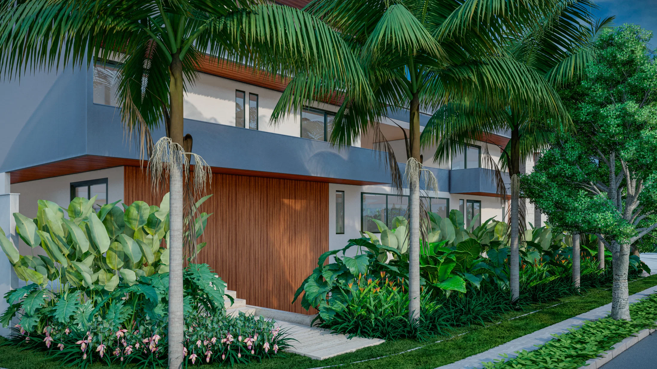 Façade of a two-storey contemporary house with timber cladding, behind a dense bed of tropical foliage and palms.