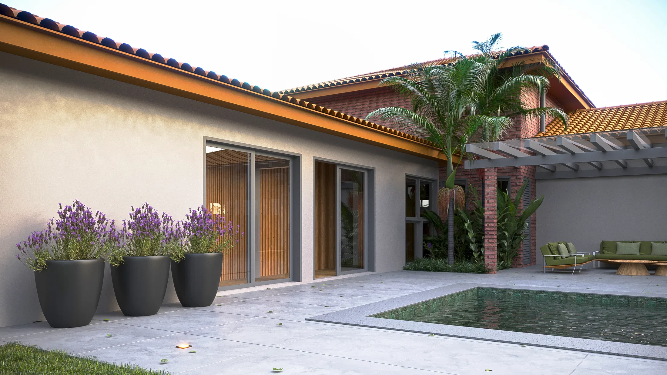 Rear terrace with sliding glass doors, a timber pergola, three lavender pots and the pool corner flanked by an outdoor sofa.