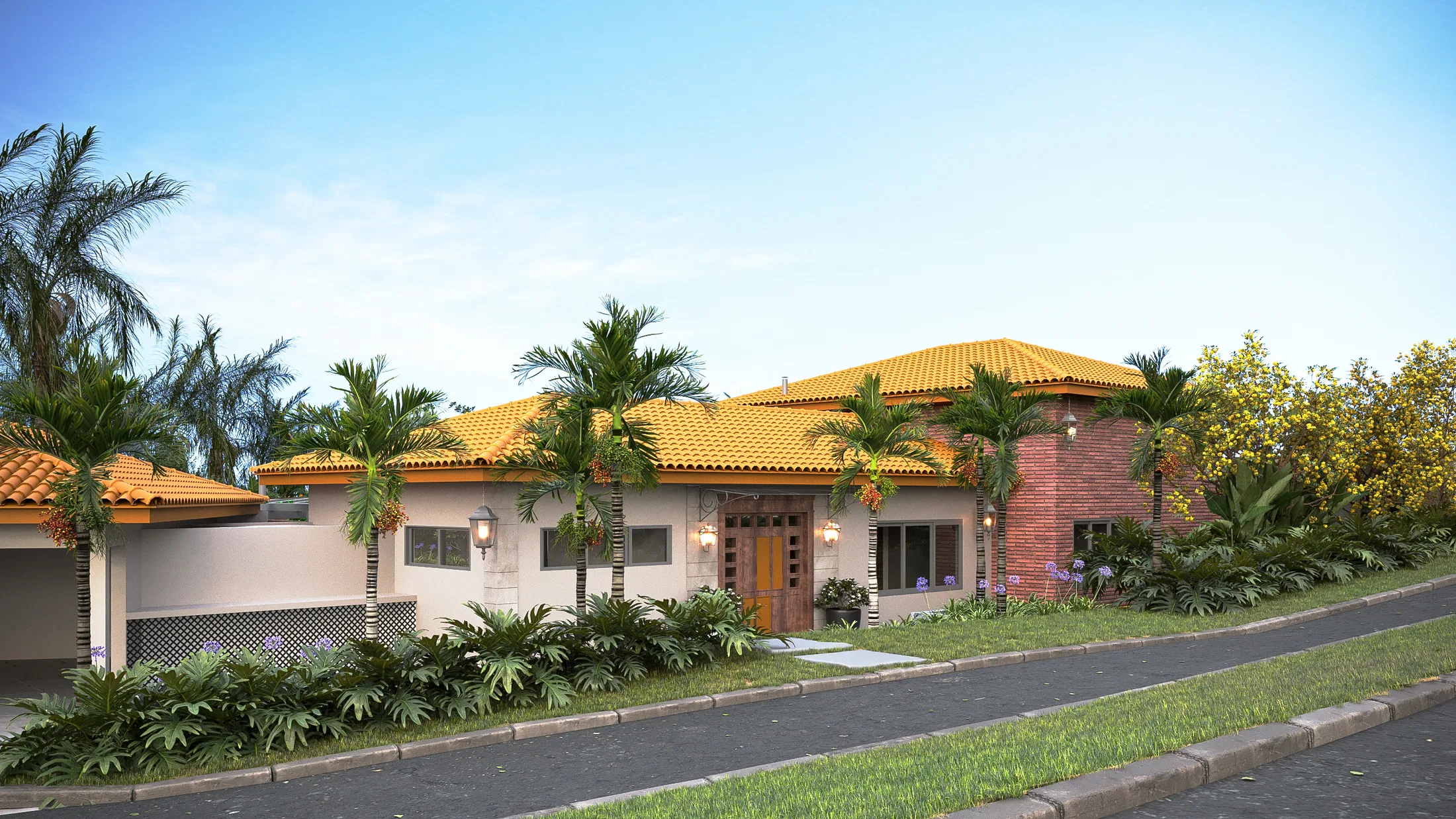 Street façade of a single-storey house with a ceramic-tile roof, brick and pale-render walls, a timber door and a bed of palms and agapanthus.
