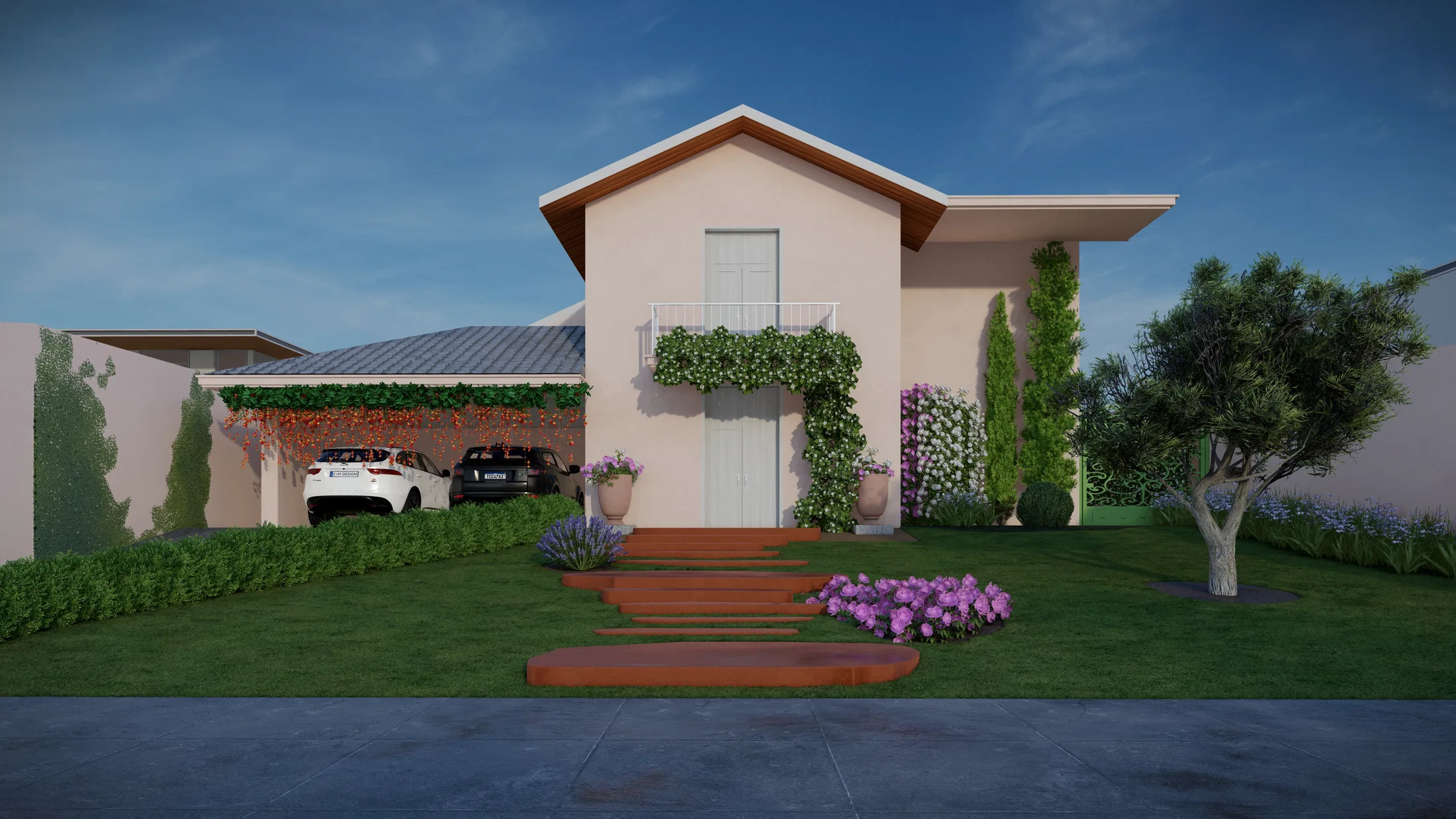 Front of a two-storey gabled house, carport shaded by a pergola of orange blooms and a timber-step path running through flowering beds.
