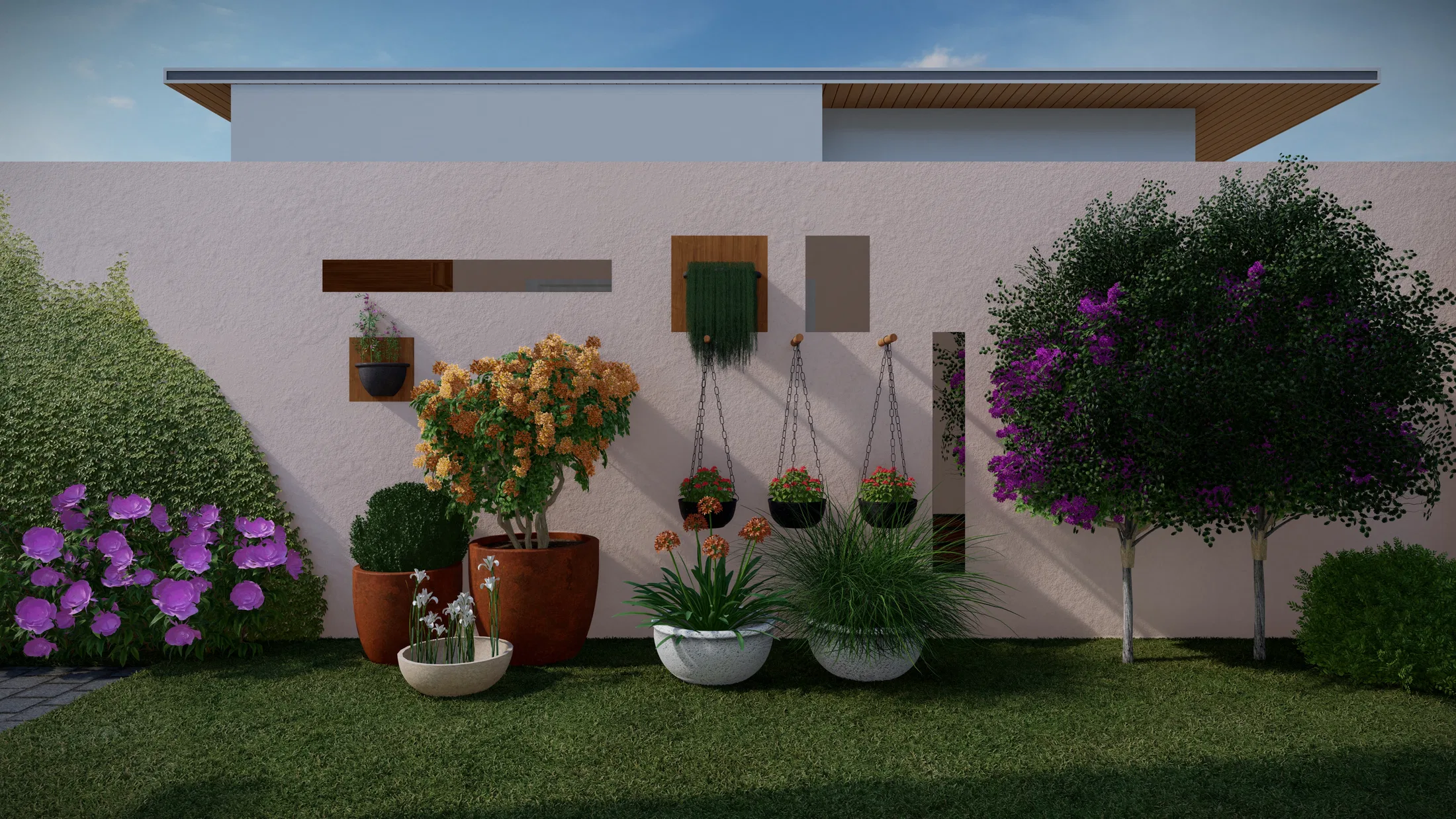 Boundary wall turned into a garden panel: hanging planters, wall niches, a potted orange-flowering tree, ceramic pots and a purple bougainvillea at right.