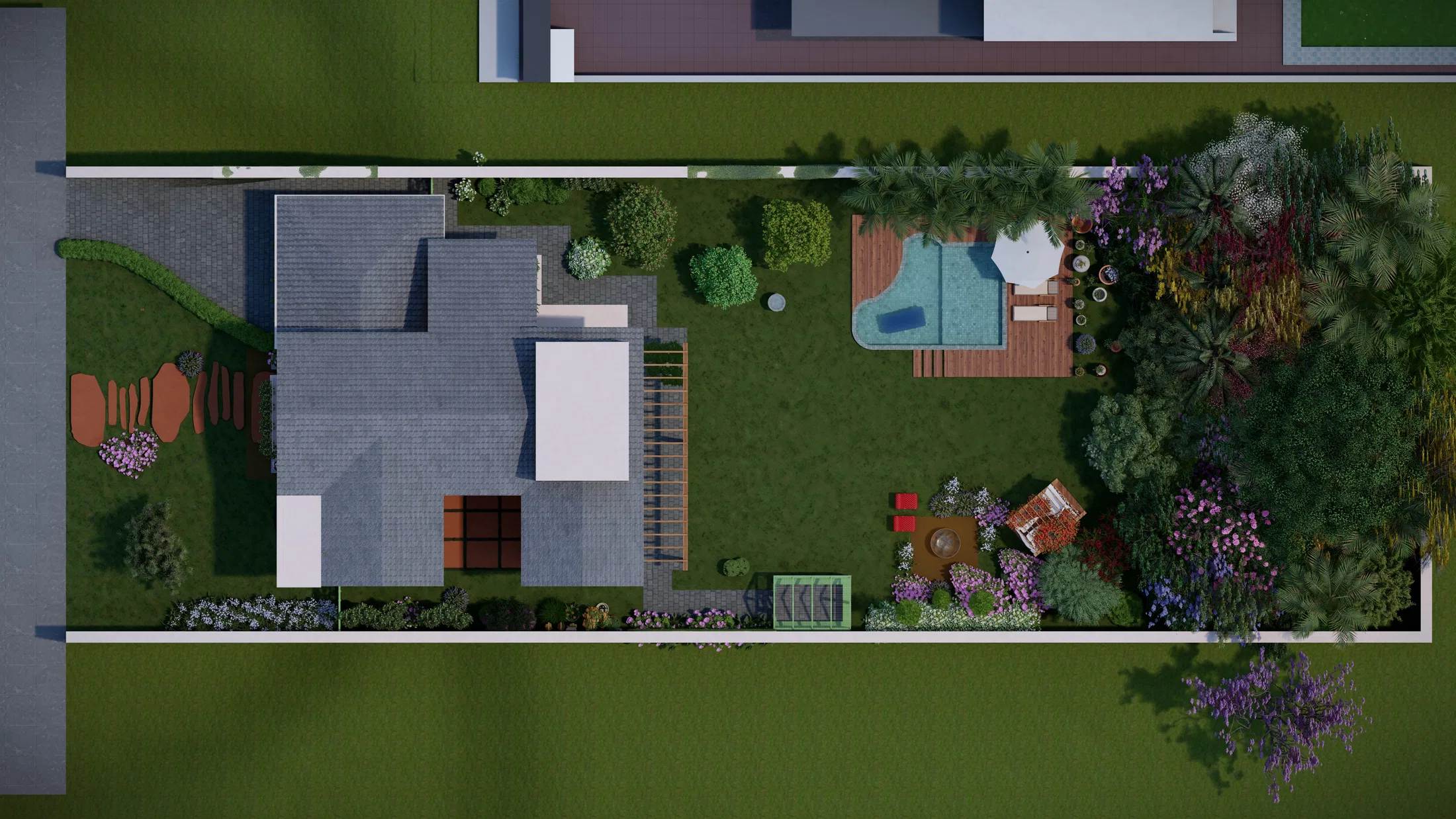 Top-down aerial of the plot showing the house roof, the pool and deck, the planting beds, the greenhouse and the garden across the site.