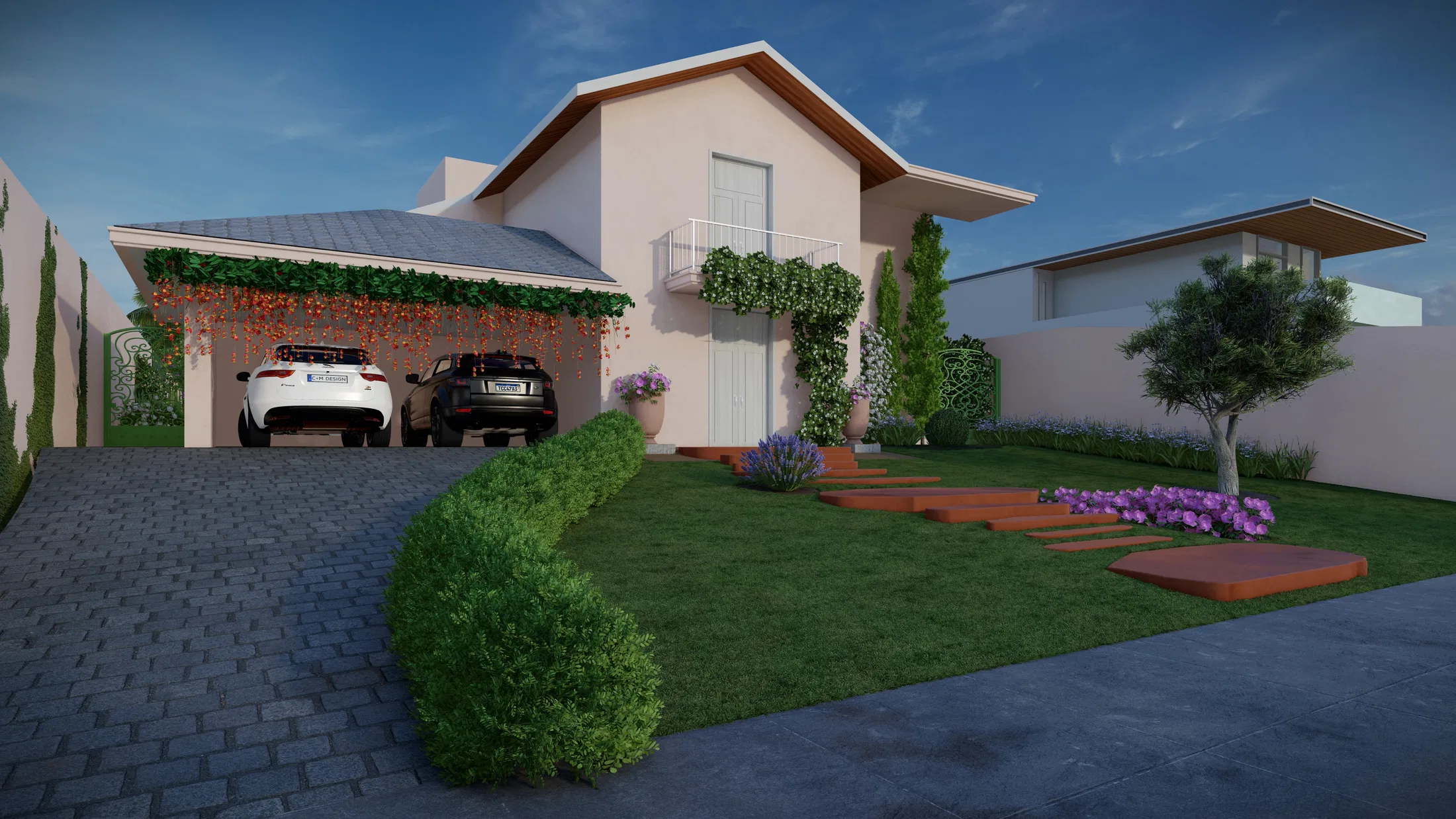 Angled view of the facade with a paver forecourt, two cars beneath the flowering pergola, rounded topiary shrubs and a stepped path across the lawn.