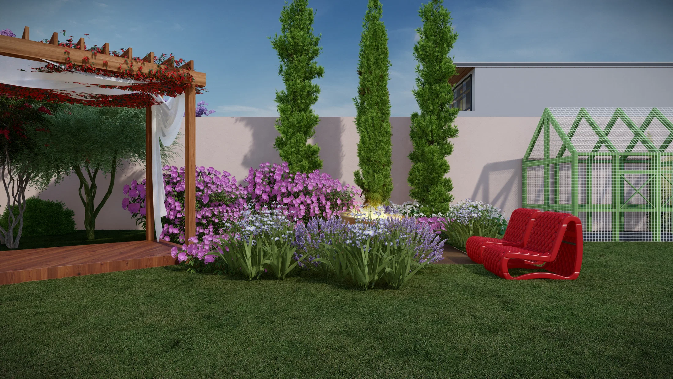 Garden nook with a white-curtained pergola, columnar cypresses, masses of purple flowers, a red lounge chair and a glass greenhouse at right.