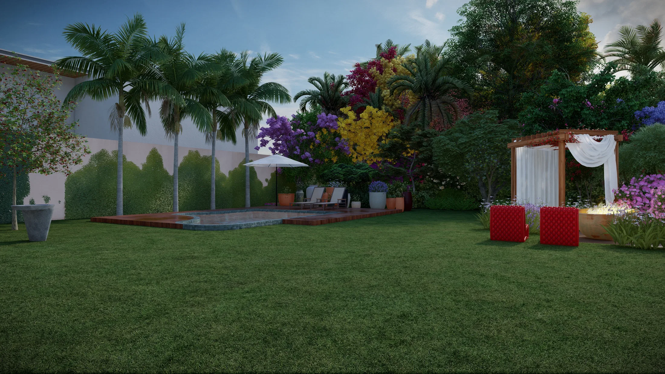 Backyard at dusk with a timber-deck pool, umbrella and loungers, palms and flowering trees beyond, and a curtained pergola cabana at right.