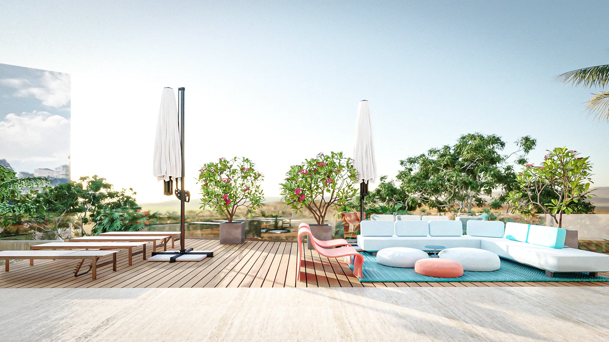 Rooftop deck with sofas and loungers around closed umbrellas, a panoramic landscape view in the background