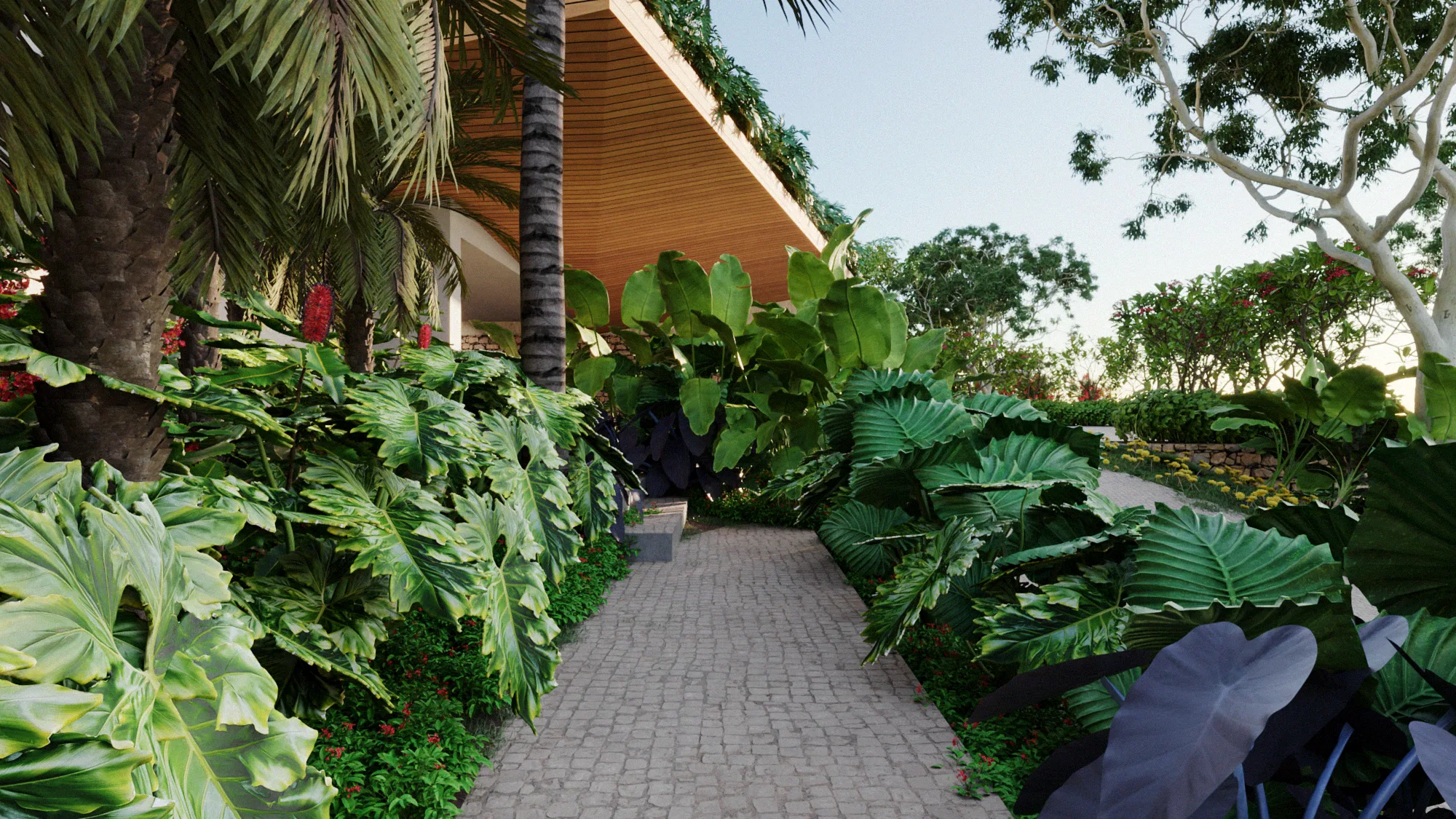 Stone-paved walkway under a wood ceiling, lined with large tropical foliage in shades of green