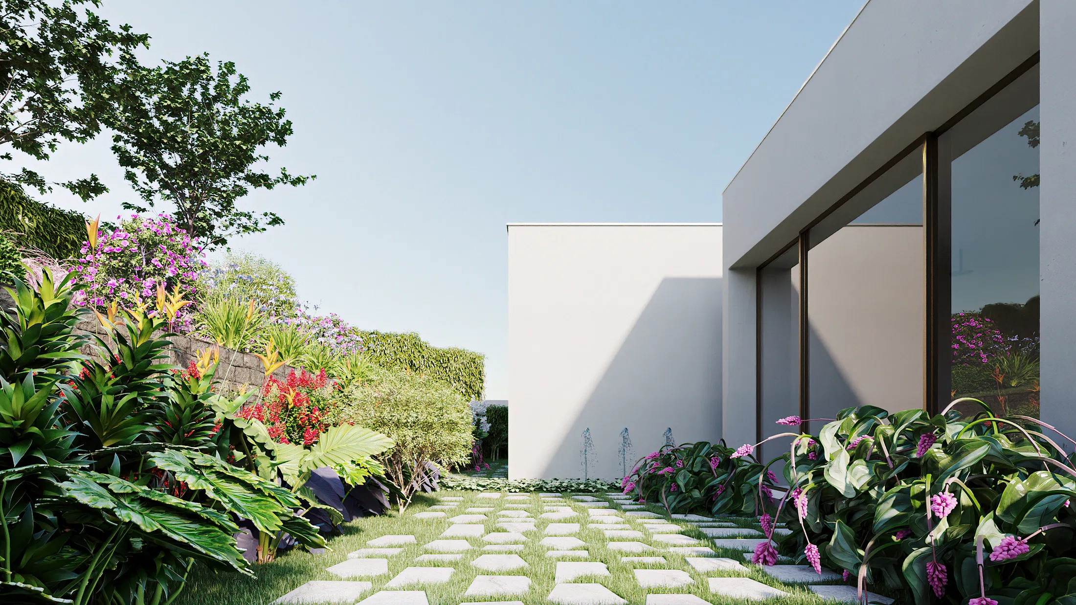 Side garden with interlocking pavers set in lawn, flowering beds and the house's glazed facade