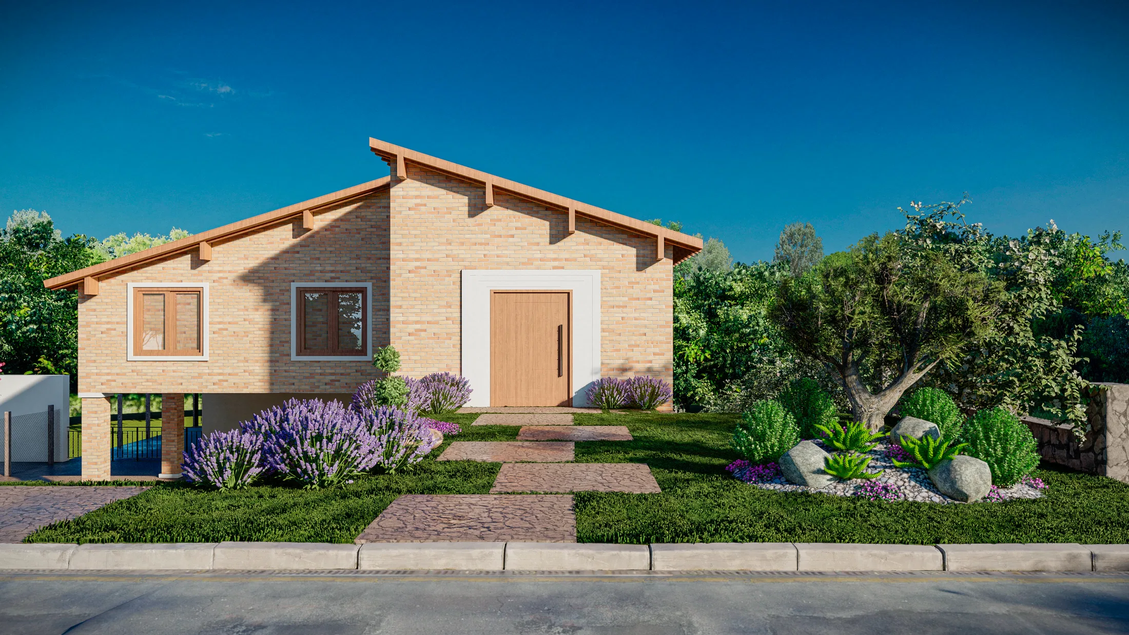 Facade of a single-story brick house with a gable roof, a stone path between a lavender bed and a rock-and-succulent composition
