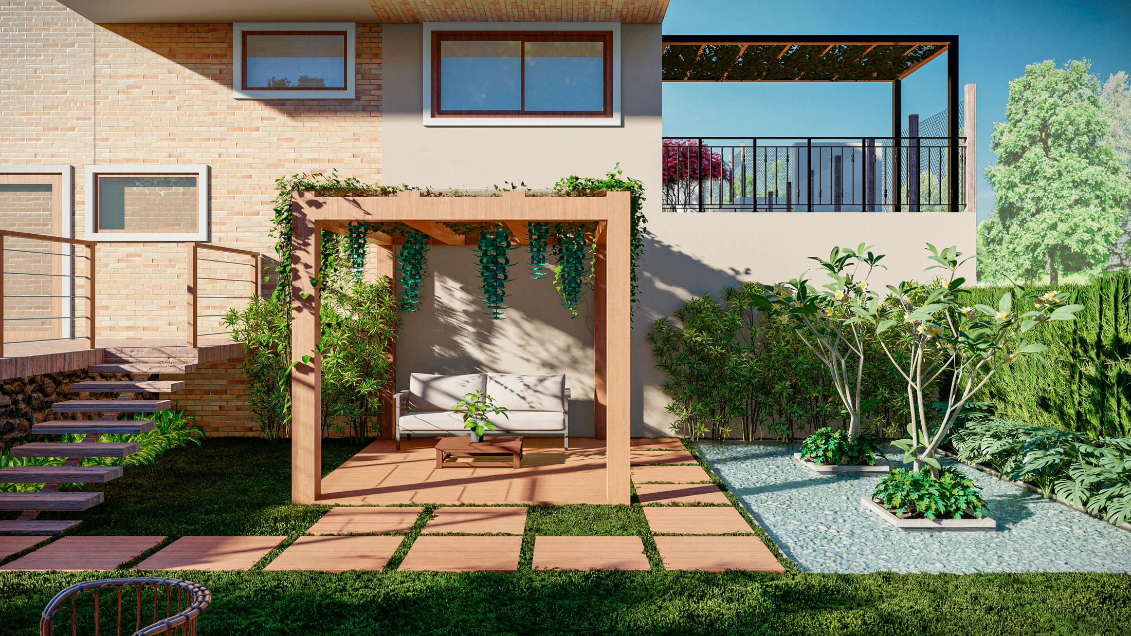 Wooden pergola with hanging vines over a stone floor, a lounge sofa and a trellised balcony in the background