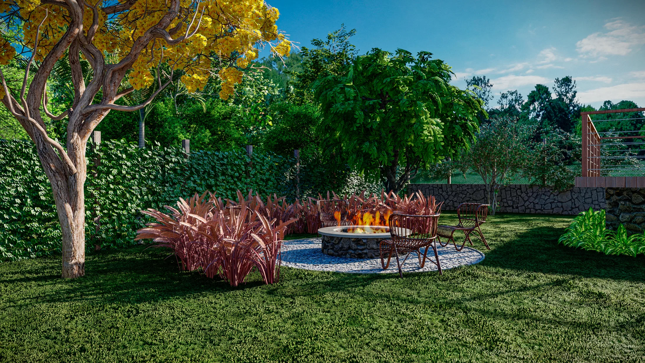 Circular fire pit on a pebble surface surrounded by chairs, fan-shaped red foliage and a tree with yellow flowering canopy