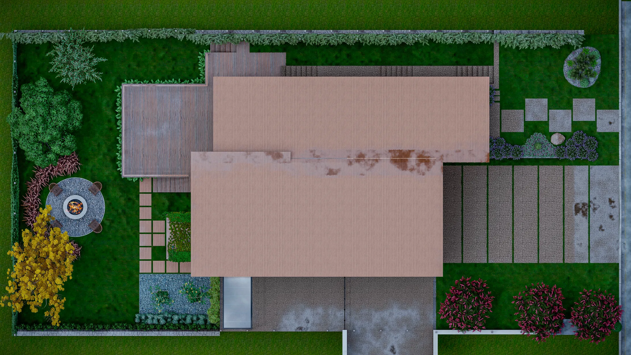Aerial view of the lot showing rooftops, a wooden deck, a circular fire pit, geometric planting beds and a lawn area in the back
