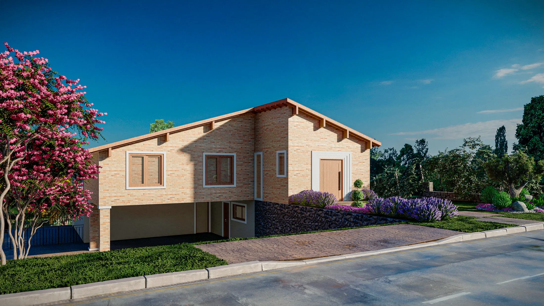 Angled view of the brick facade with a garage under the upper floor, a pink flowering tree and a lavender bed by the driveway