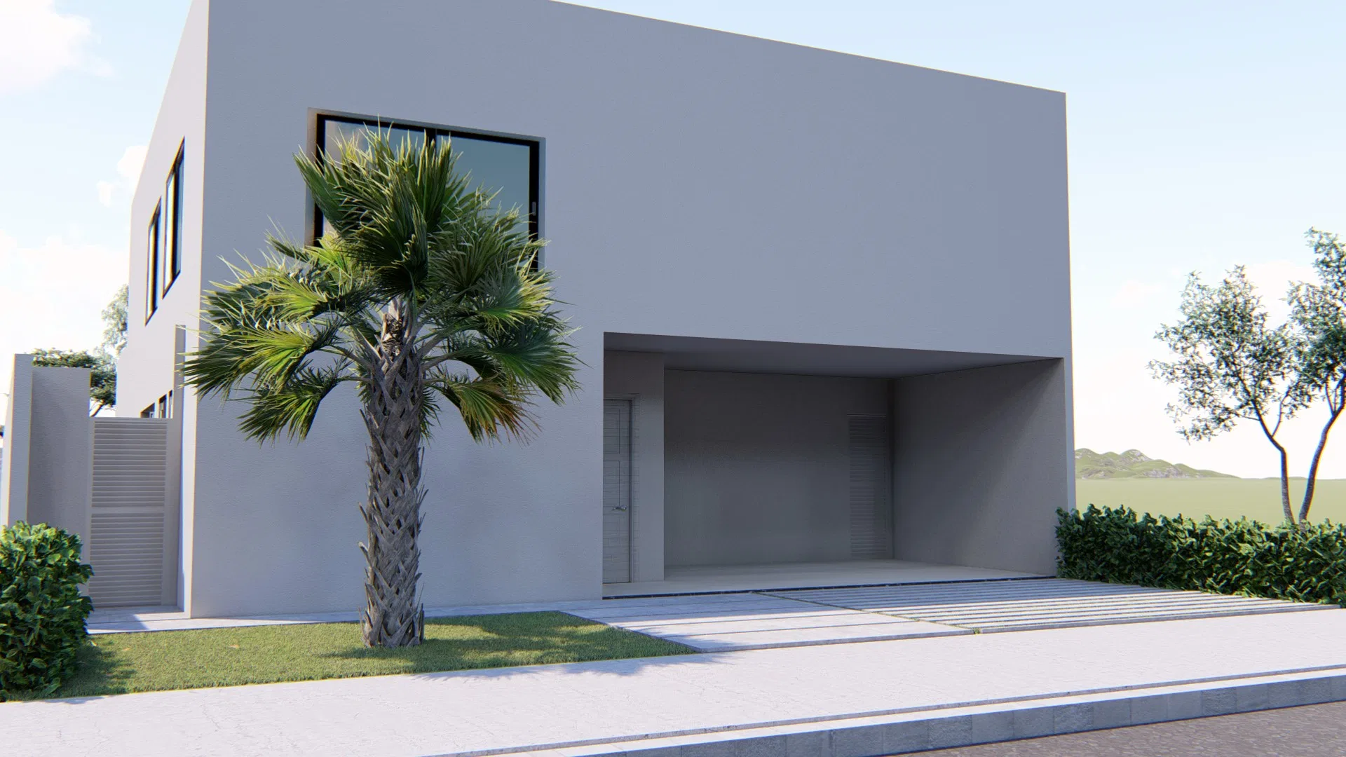 Residential facade in dark grey tones, with a prominent palm tree and an open garage facing the street