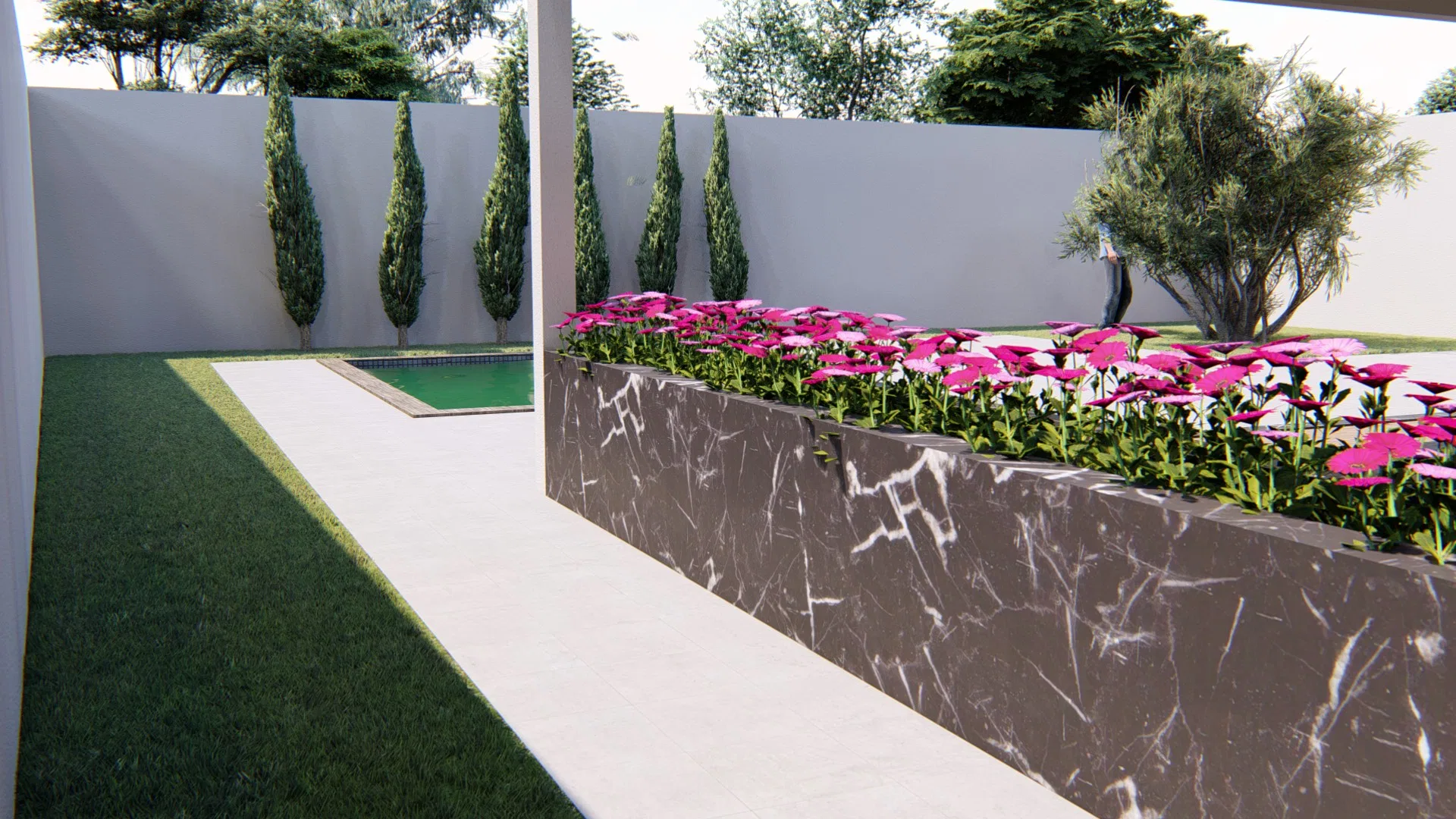 Side garden path with a pool, cypress trees lined against the wall and a stone planter with pink flowers