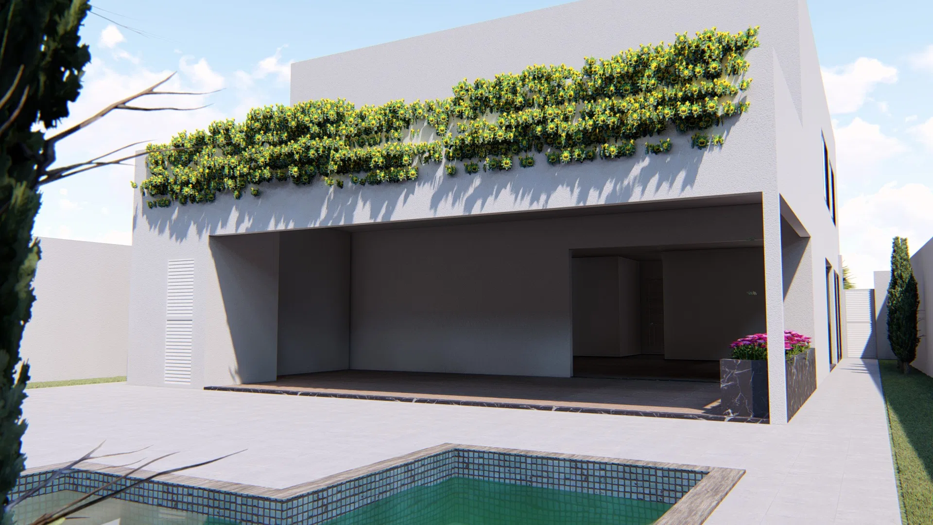 Rear facade with a vertical garden atop the slab, an open ground floor and a pool in the foreground