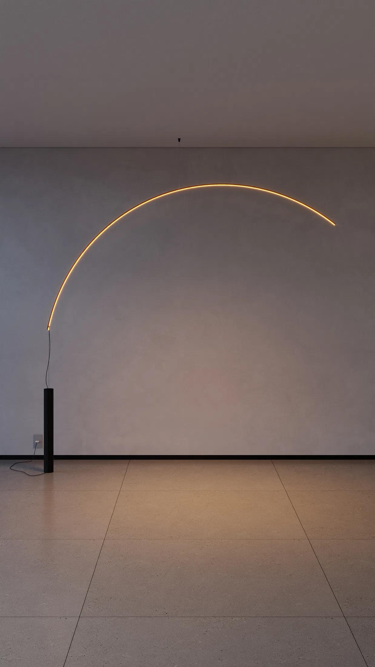 Floor lamp with an arched arm and a curved light line forming a lit half-circle against a plain wall and large-format porcelain tile flooring.