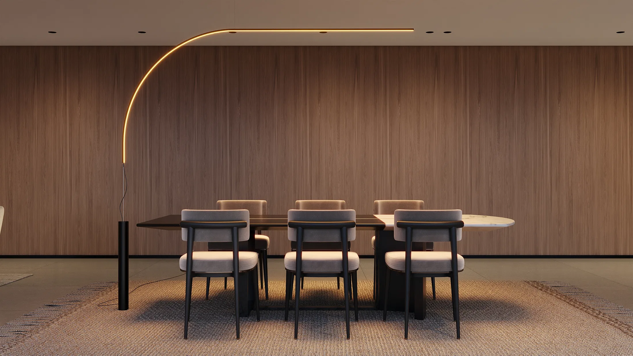 Dining table with six upholstered chairs in front of a wood-paneled wall, lit by the arched arm of a floor lamp positioned beside it.
