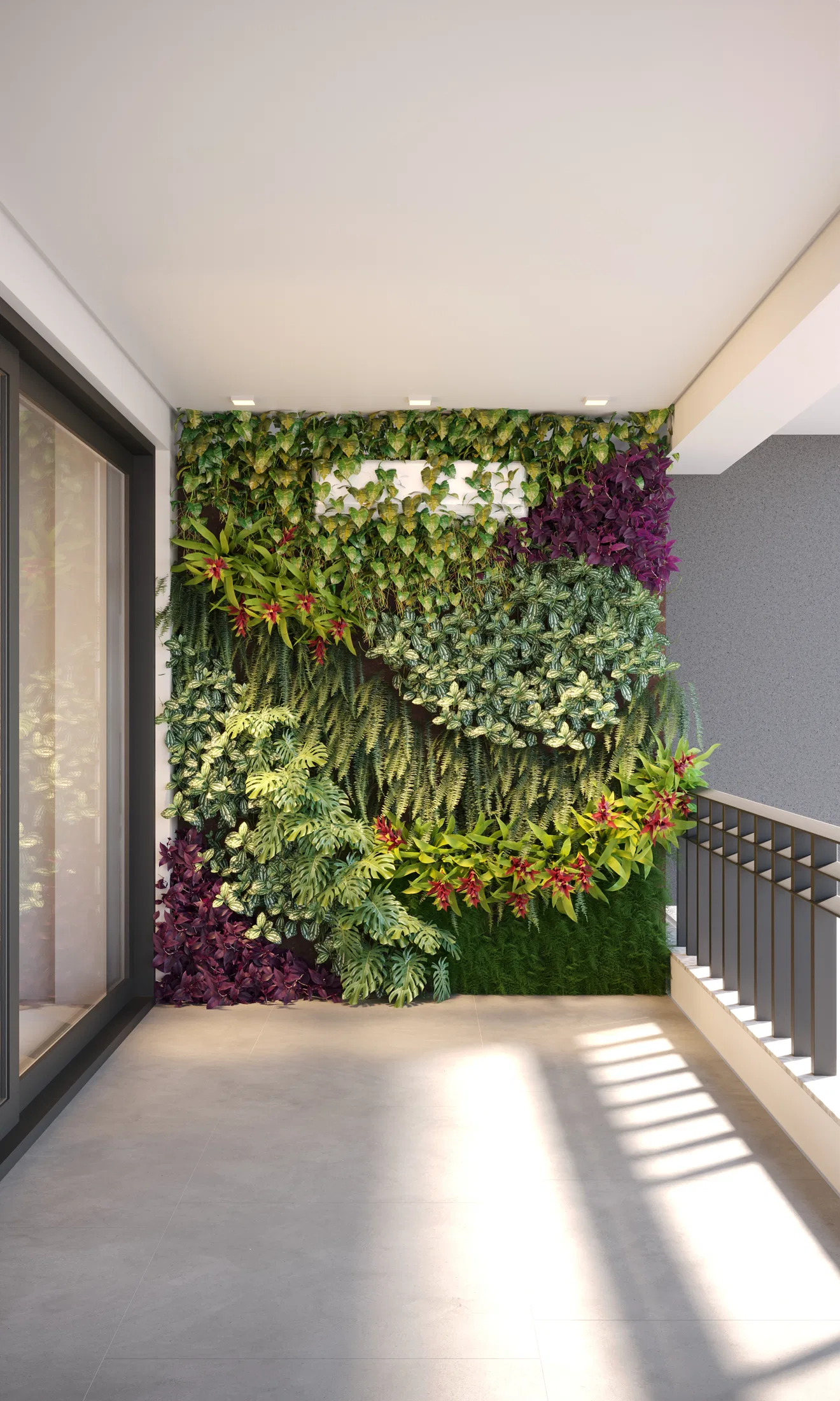 Vertical crop of the same living wall, sunlight falling across the hall floor by the staircase, with layered greens and scarlet flowers