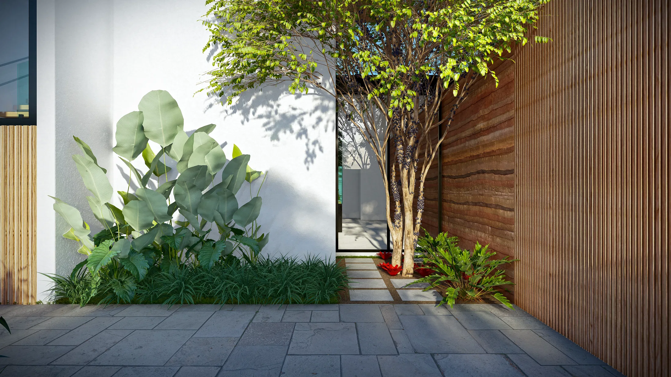 Side entrance patio with a timber-slat wall, a bed of silvery foliage against the white wall and concrete-paver flooring