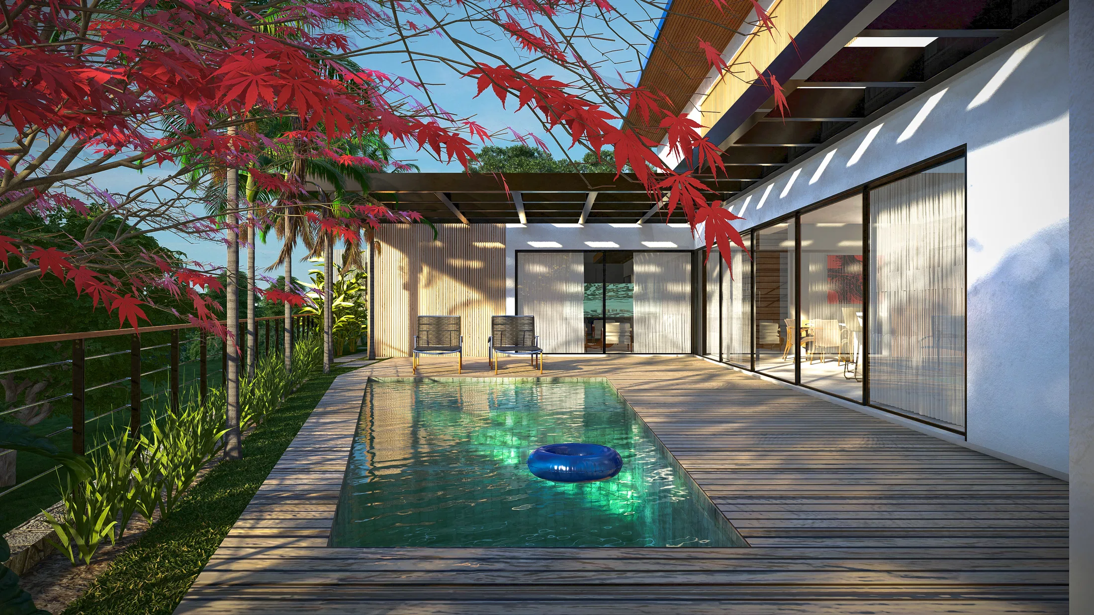 Timber pool deck under a slatted pergola, with loungers facing the white glazed façade and the red foliage of a maple in the foreground