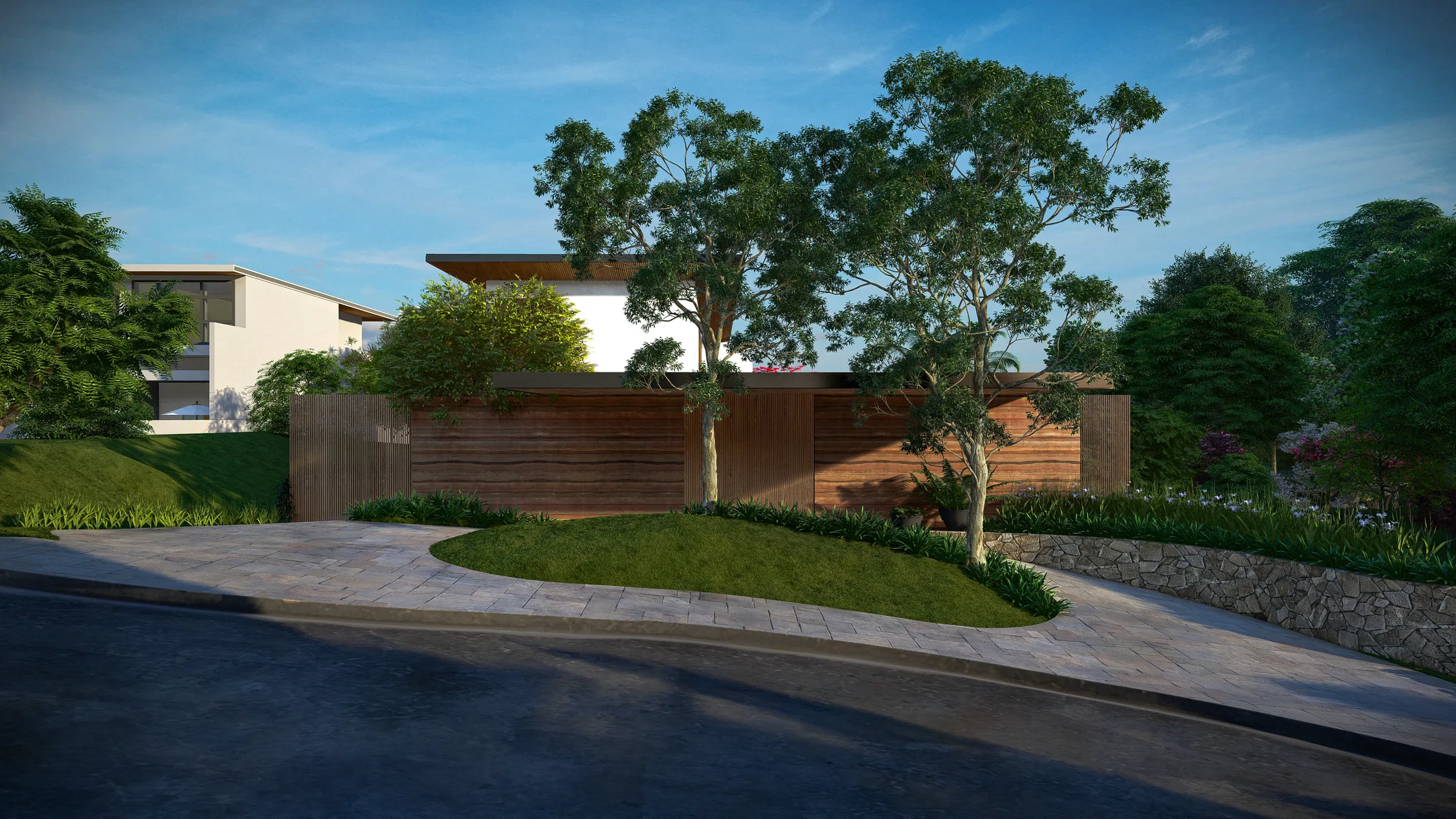 Corner view with a timber-slat wall, a curved lawn garden and a paved path leading to the entrance, among tall trees