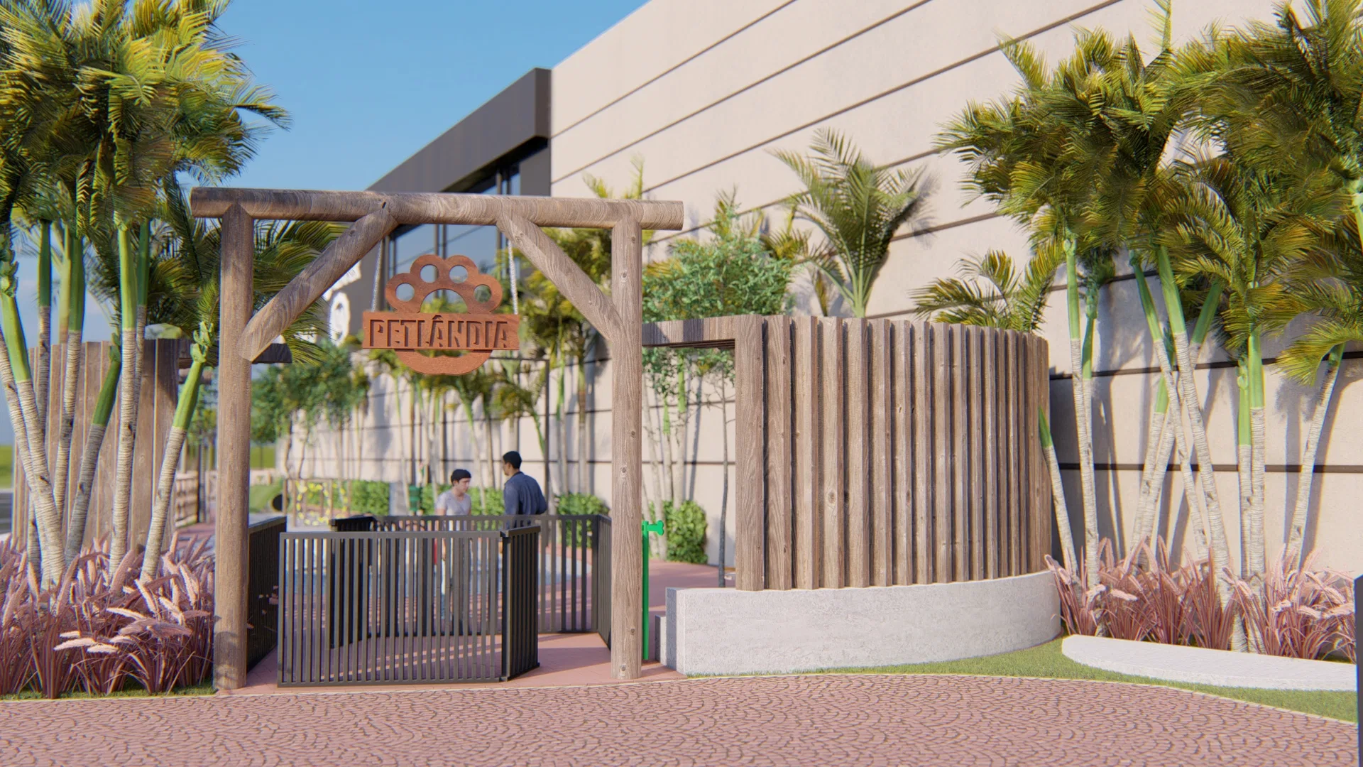 Timber portal with a round paw-logo plaque, a slatted gate with two visitors entering and a curved screen framed by palms and purple grasses